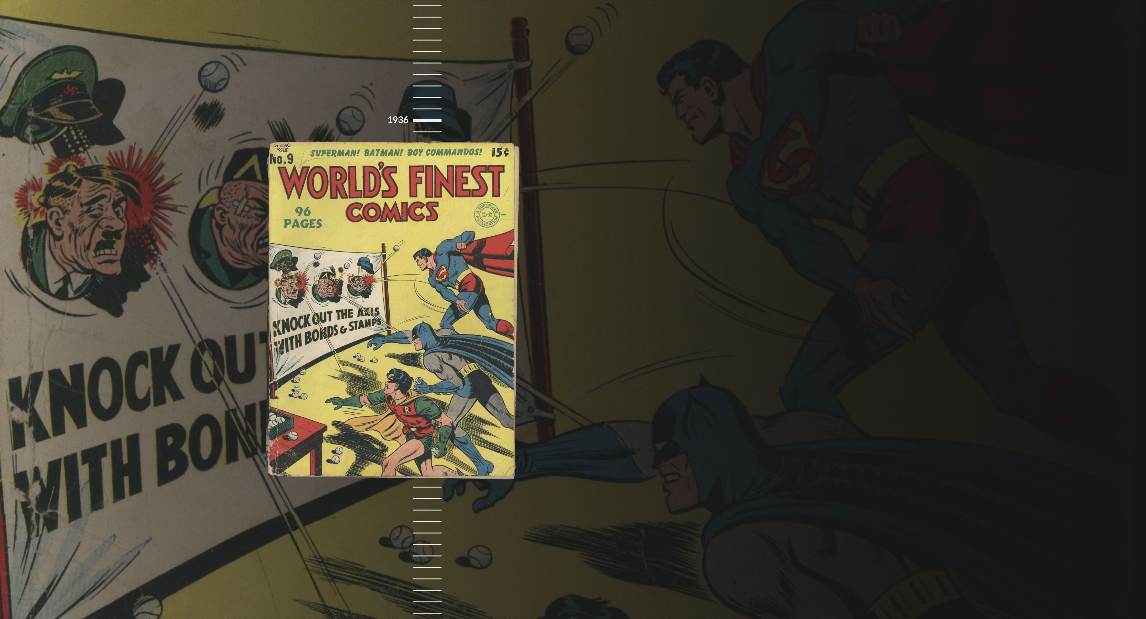 Comic book front cover of Superman throwing rocks at Axis leaders.