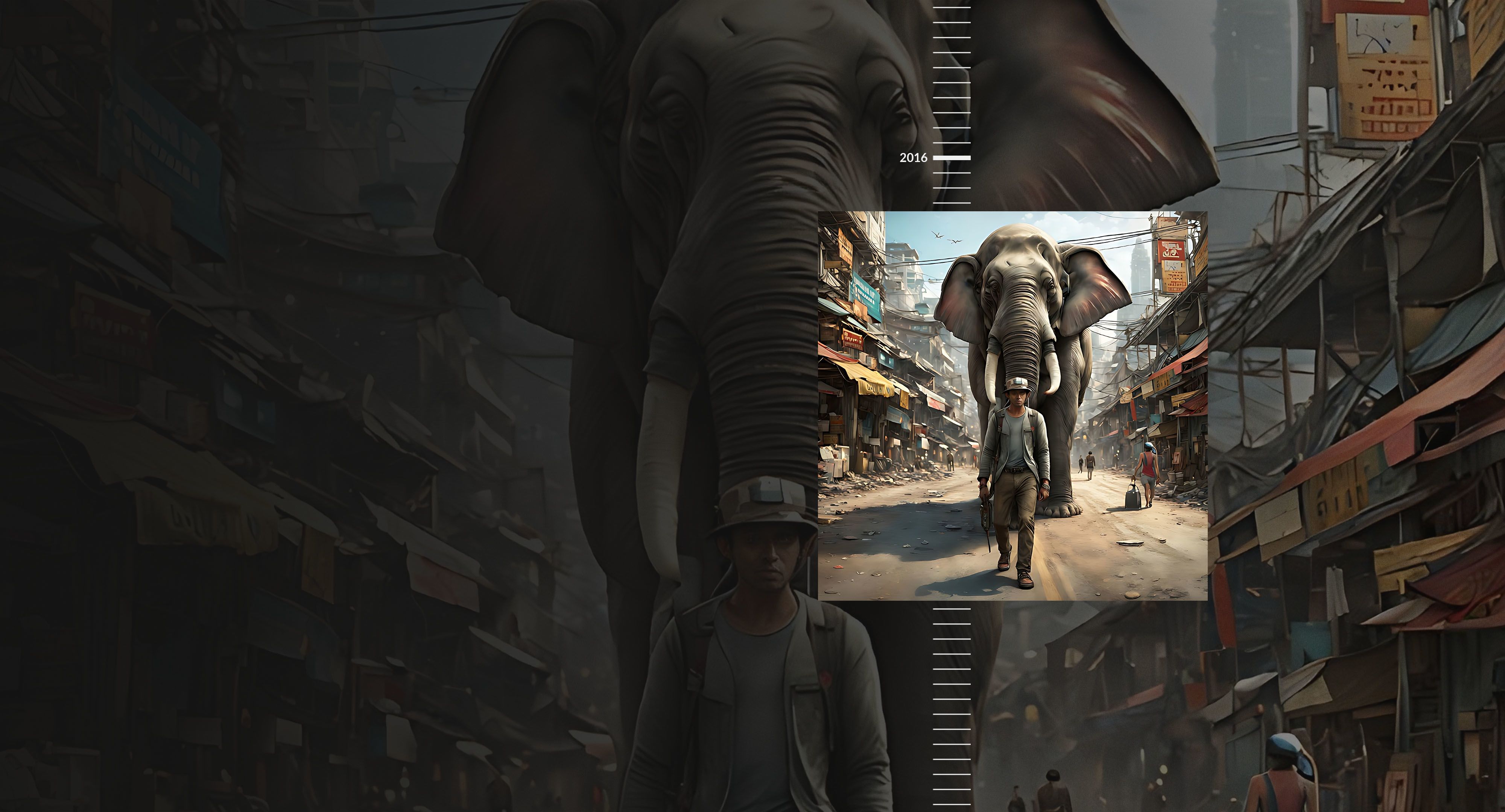 AI image of a man followed down the street by an elephant.