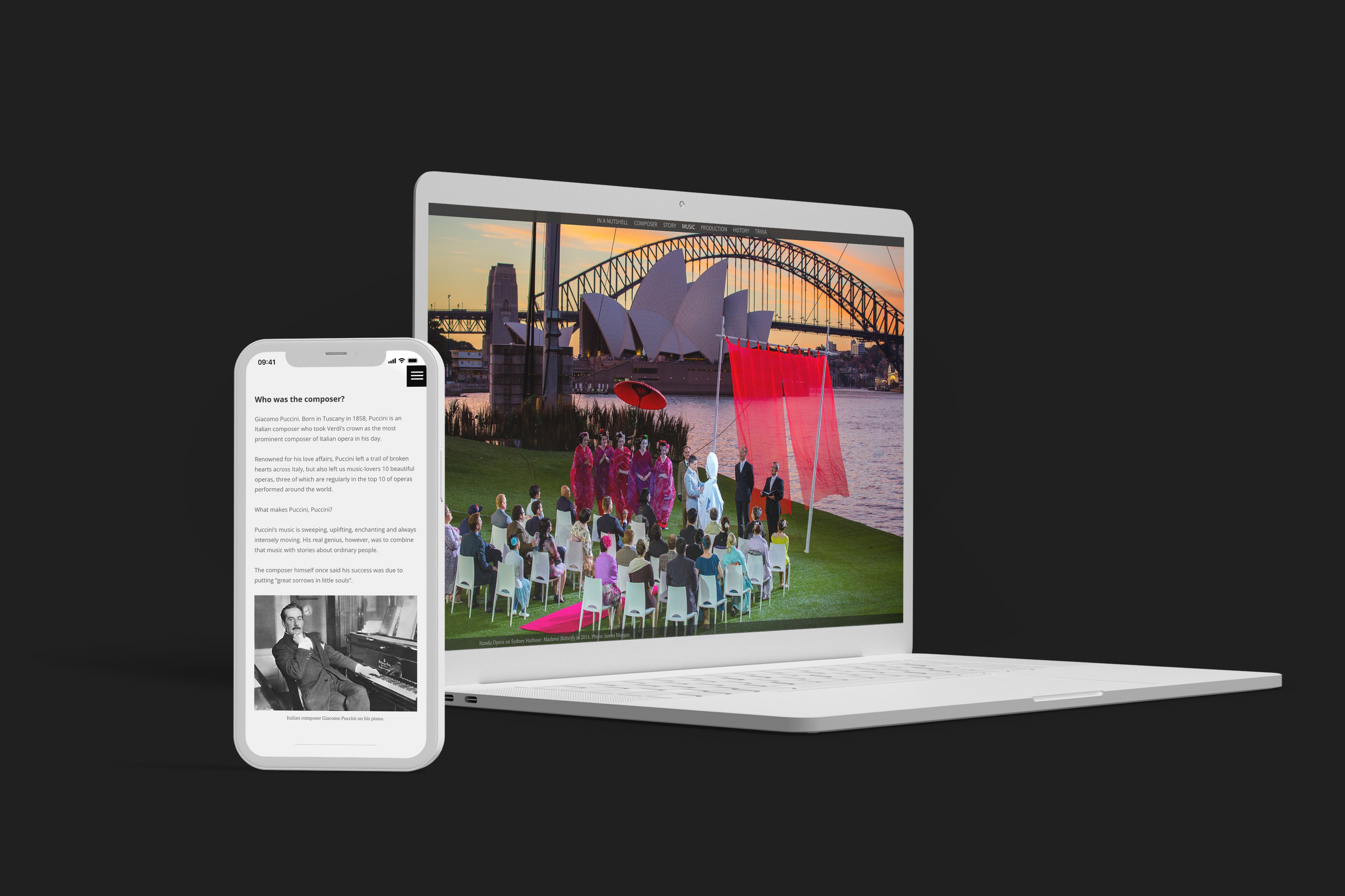 A laptop and mobile showing the webpage: Opera Australia: Madama Butterfly Cheat Sheet.