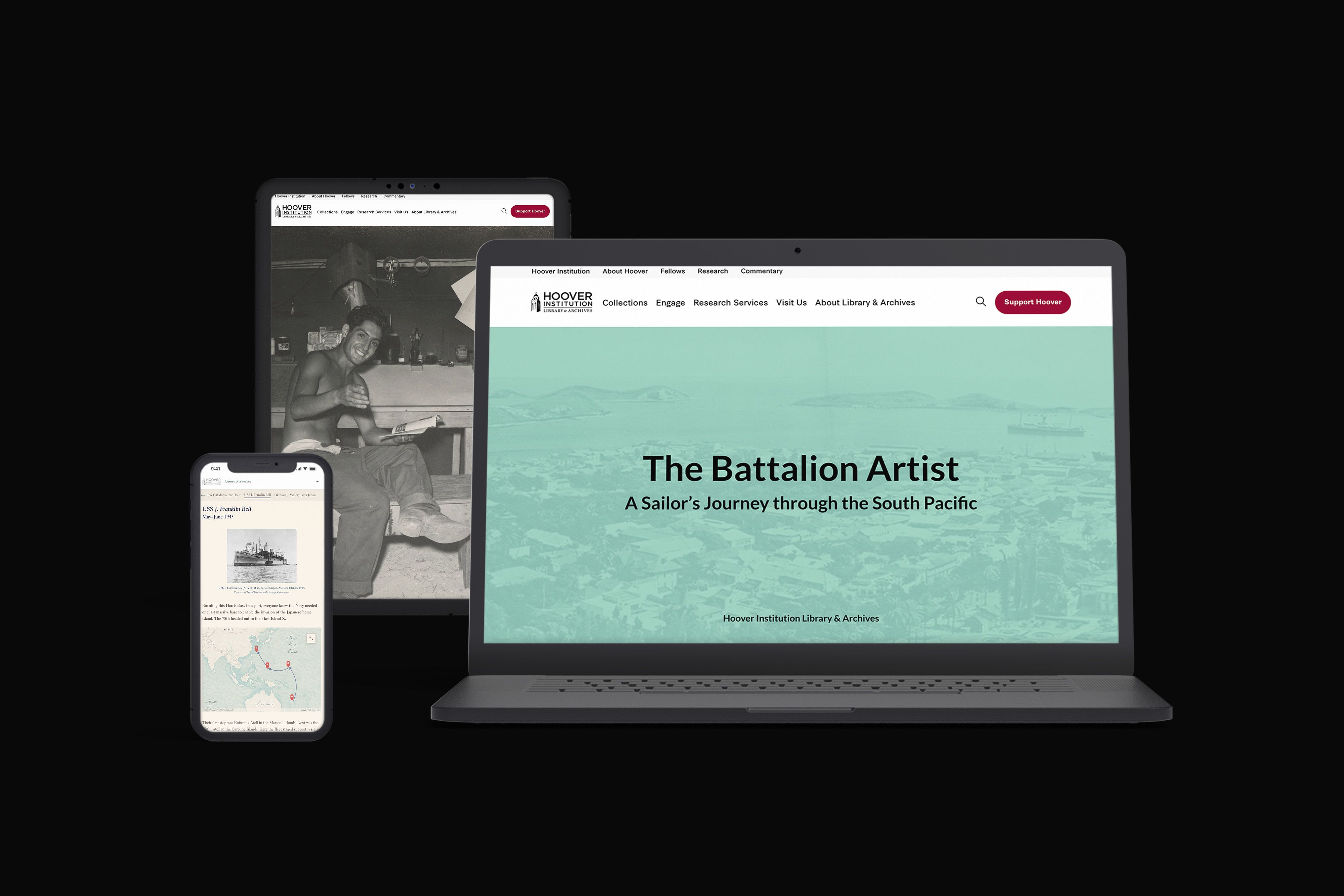 A laptop and tablet showing the website: The Hoover Institution Library and Archives: The Battalion Artist.
