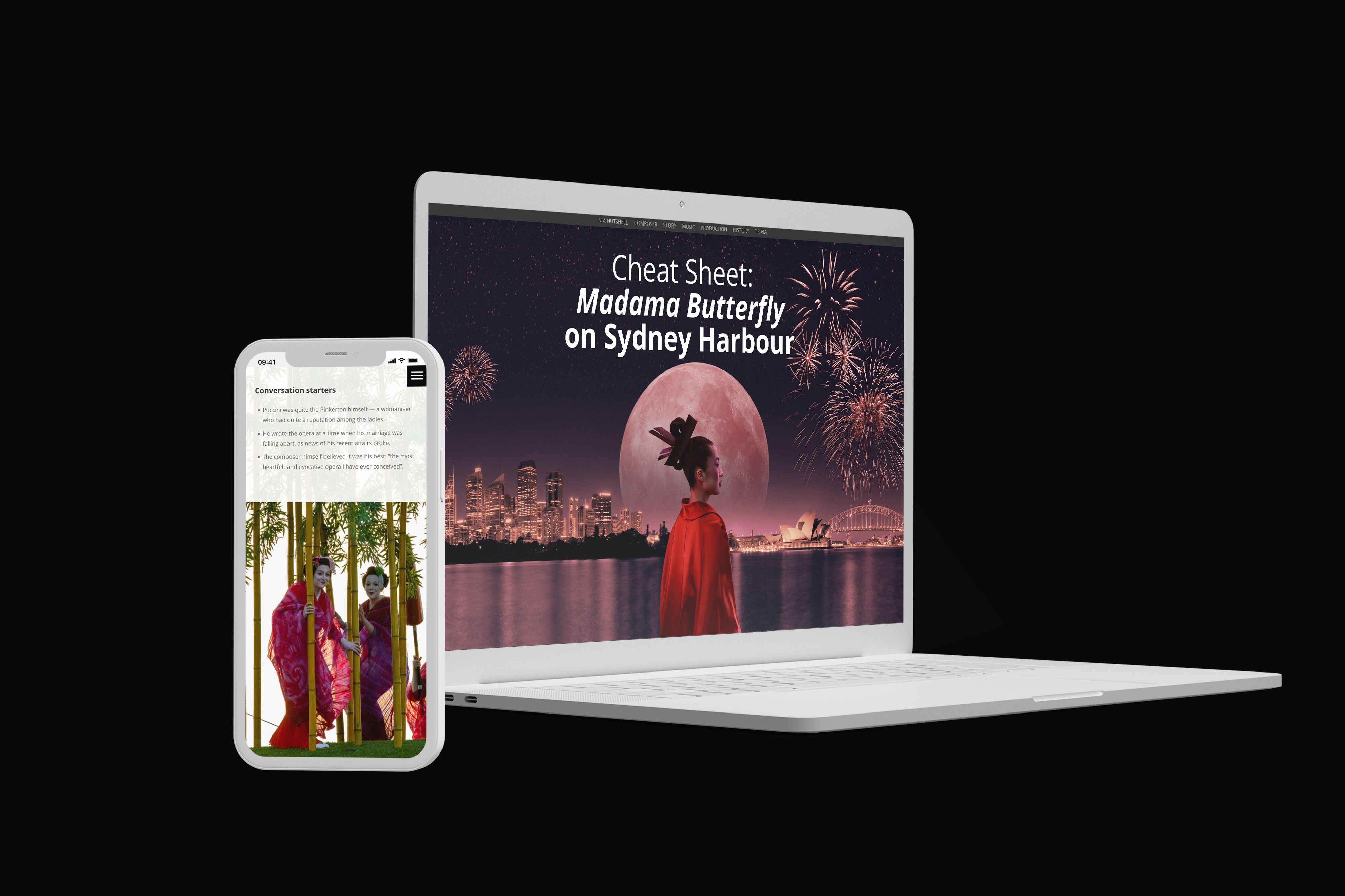 A laptop and mobile showing the webpage: Opera Australia: Madama Butterfly Cheat Sheet.