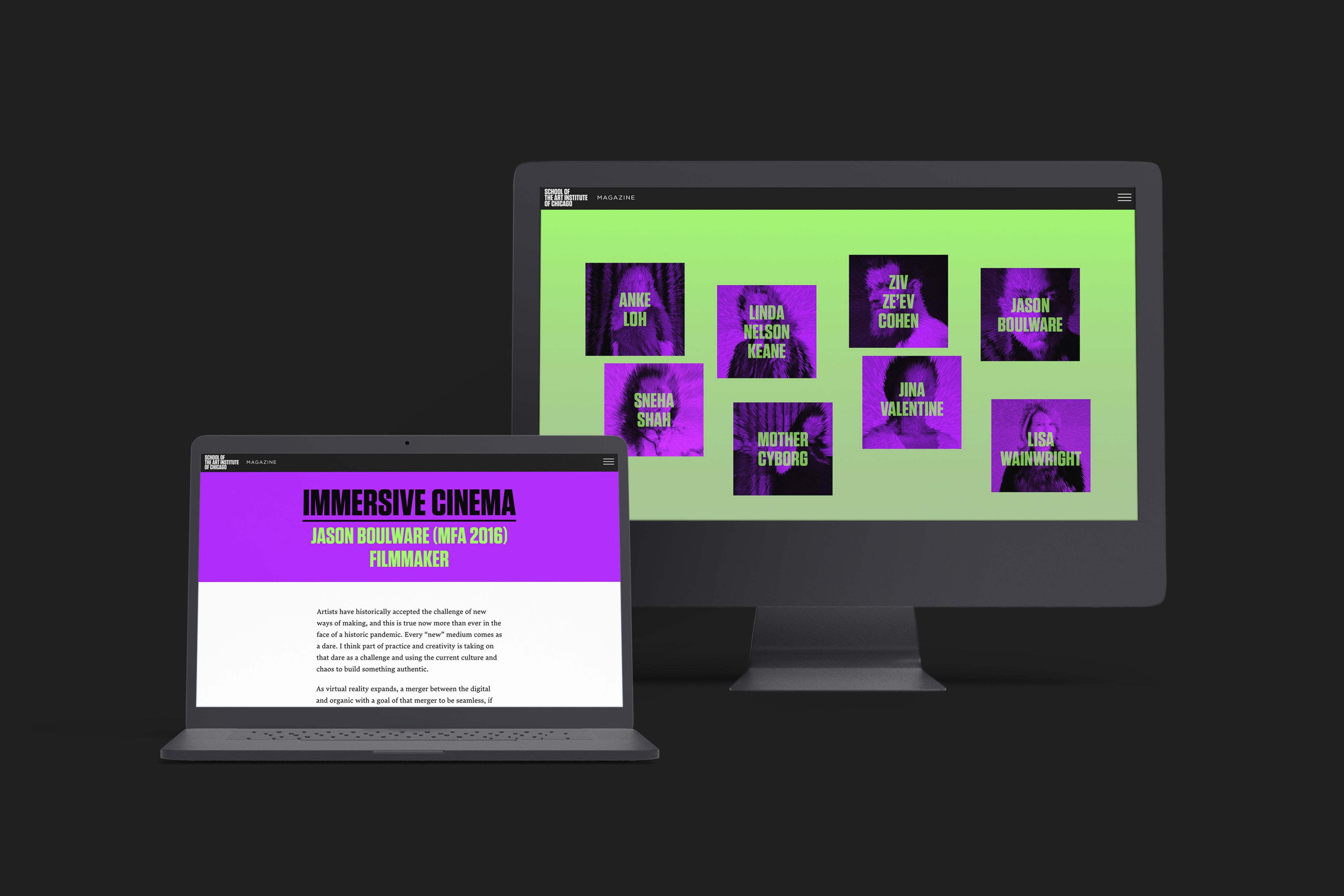 A desktop and laptop showing the website: School of the Art Institute of Chicago: The Future of Us.