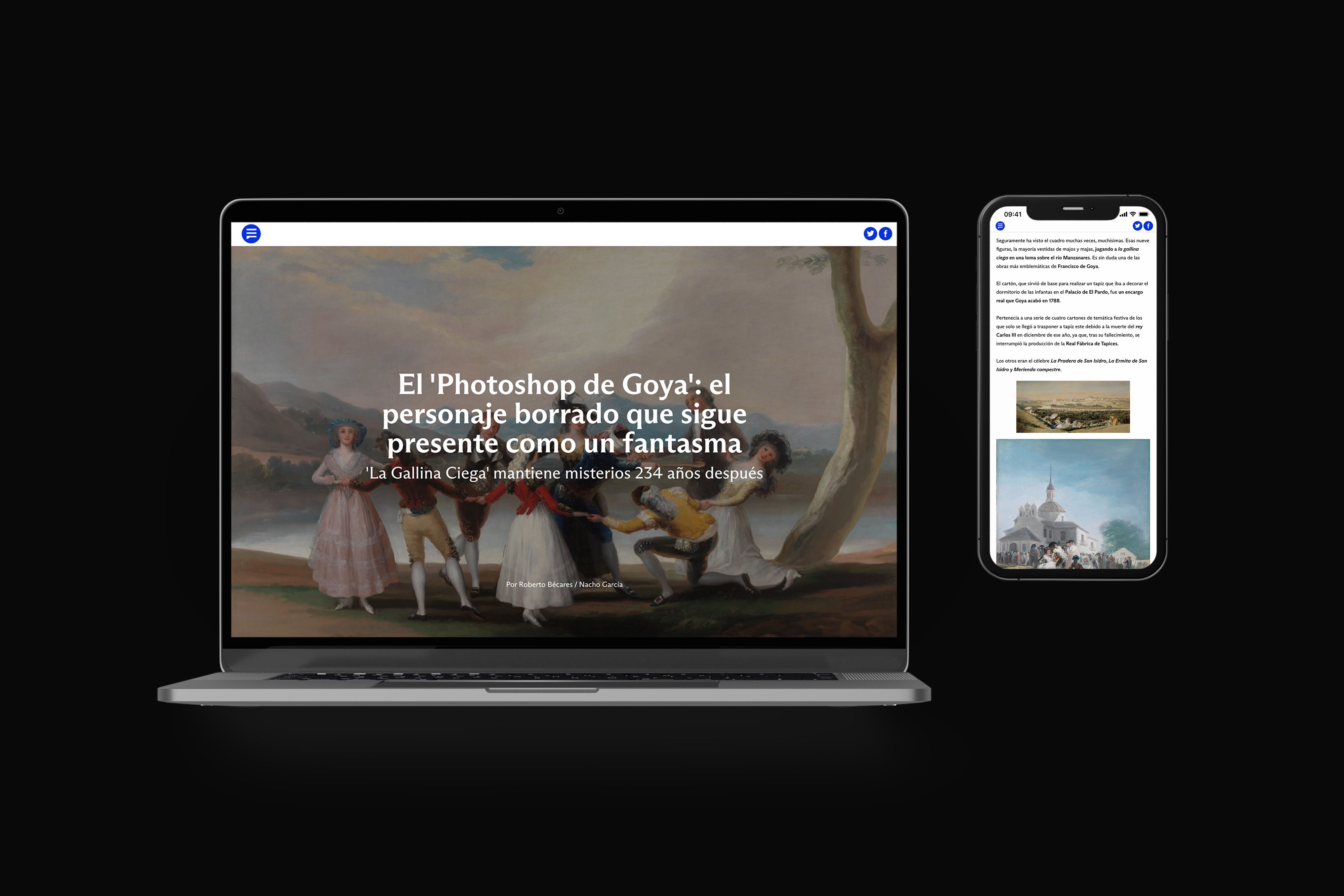 A laptop and mobile showing the website: El Periódico de España: El ‘Photoshop’ de Goya.