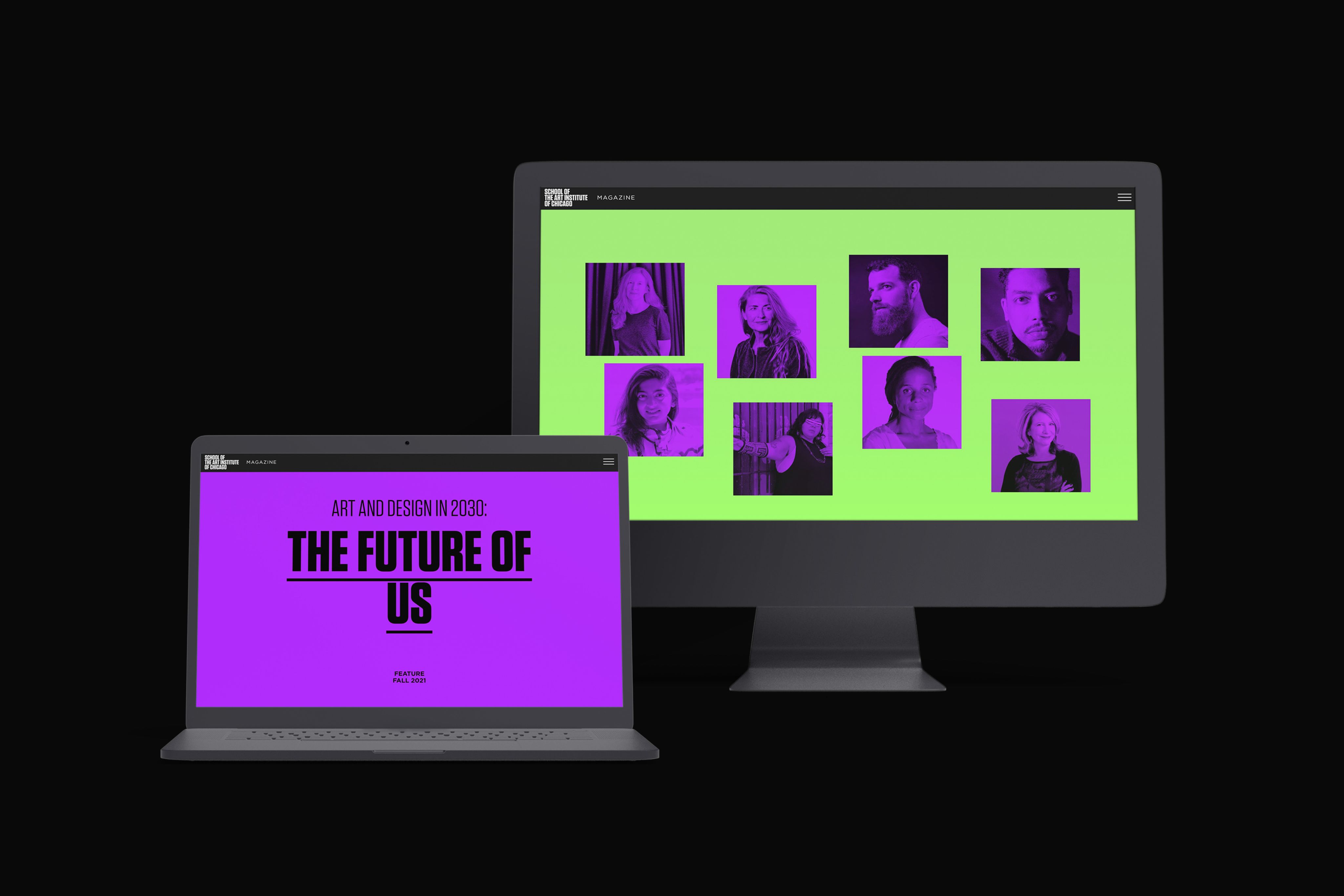 A desktop and laptop showing the website: School of the Art Institute of Chicago: The Future of Us.