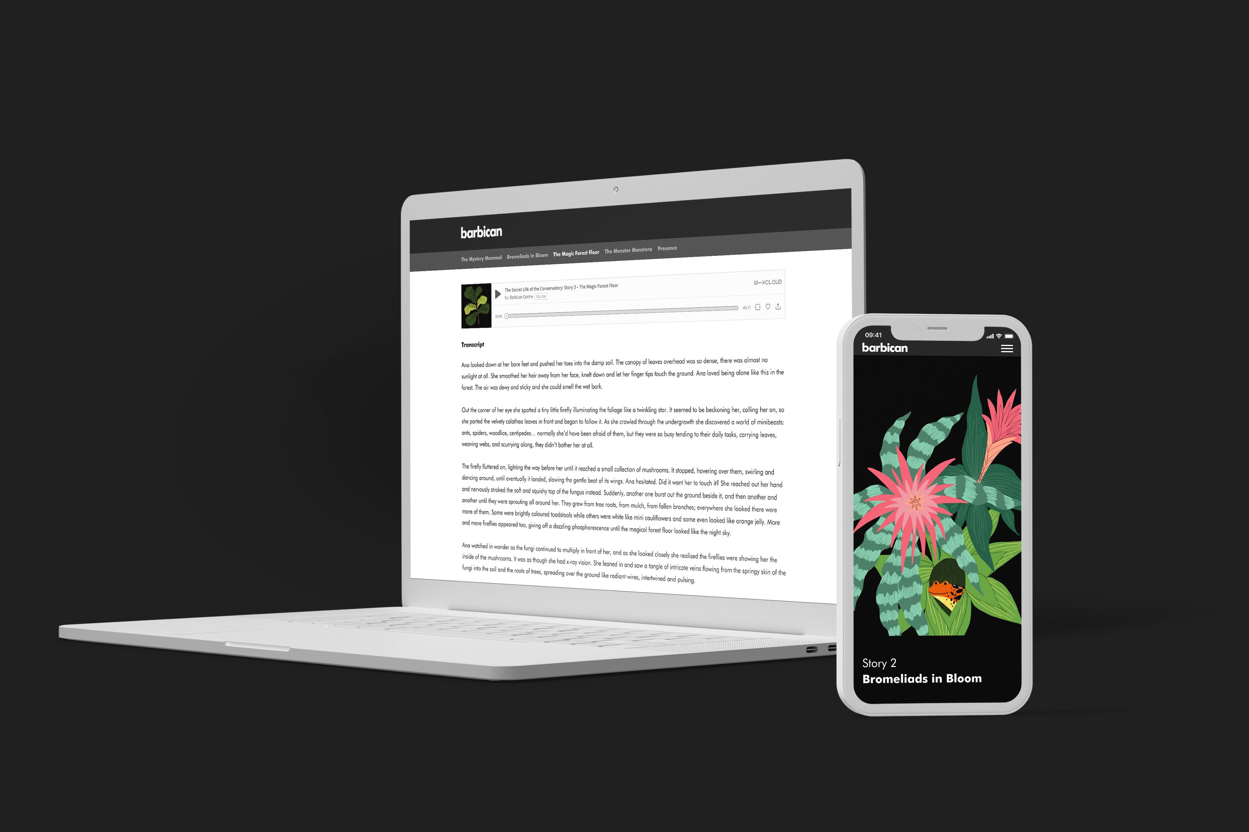 A laptop and mobile showing the website: Barbican: The Secret Life of the Conservatory.