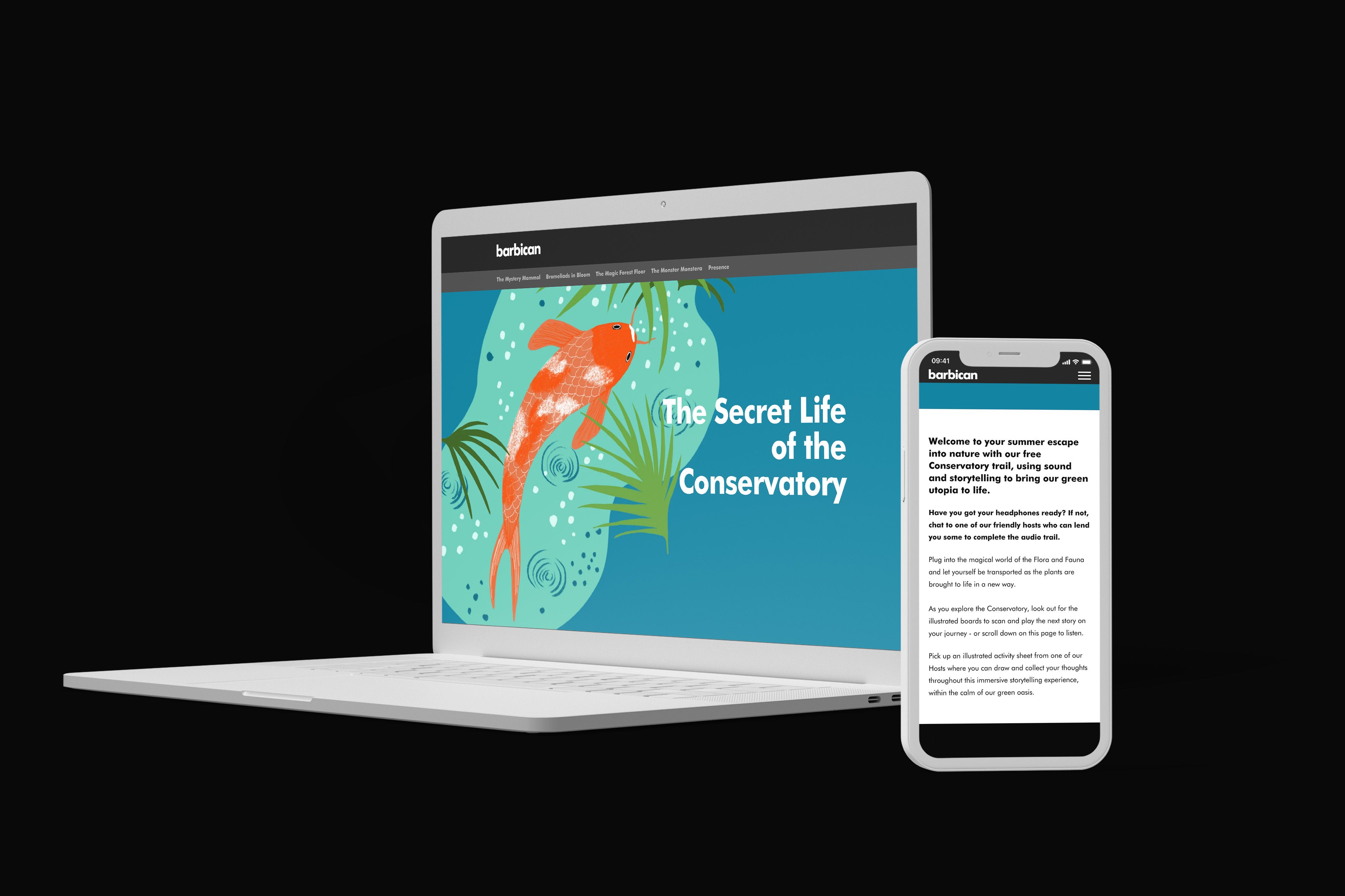A laptop and mobile showing the website: Barbican: The Secret Life of the Conservatory.