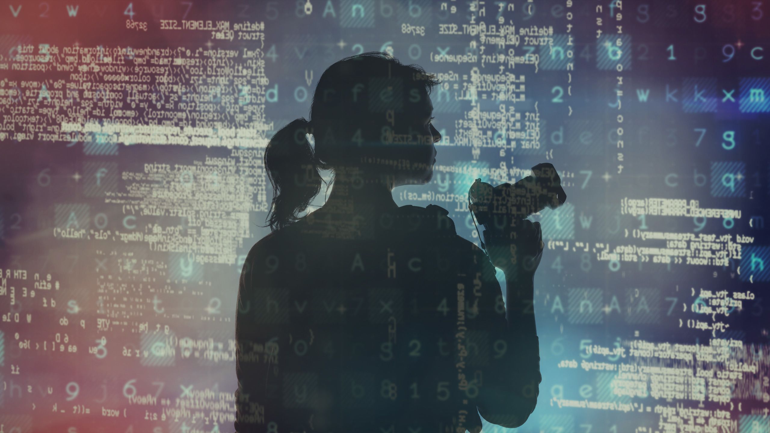 A backlit silhouette of a female photo journalist overlaid on an image of digital data.