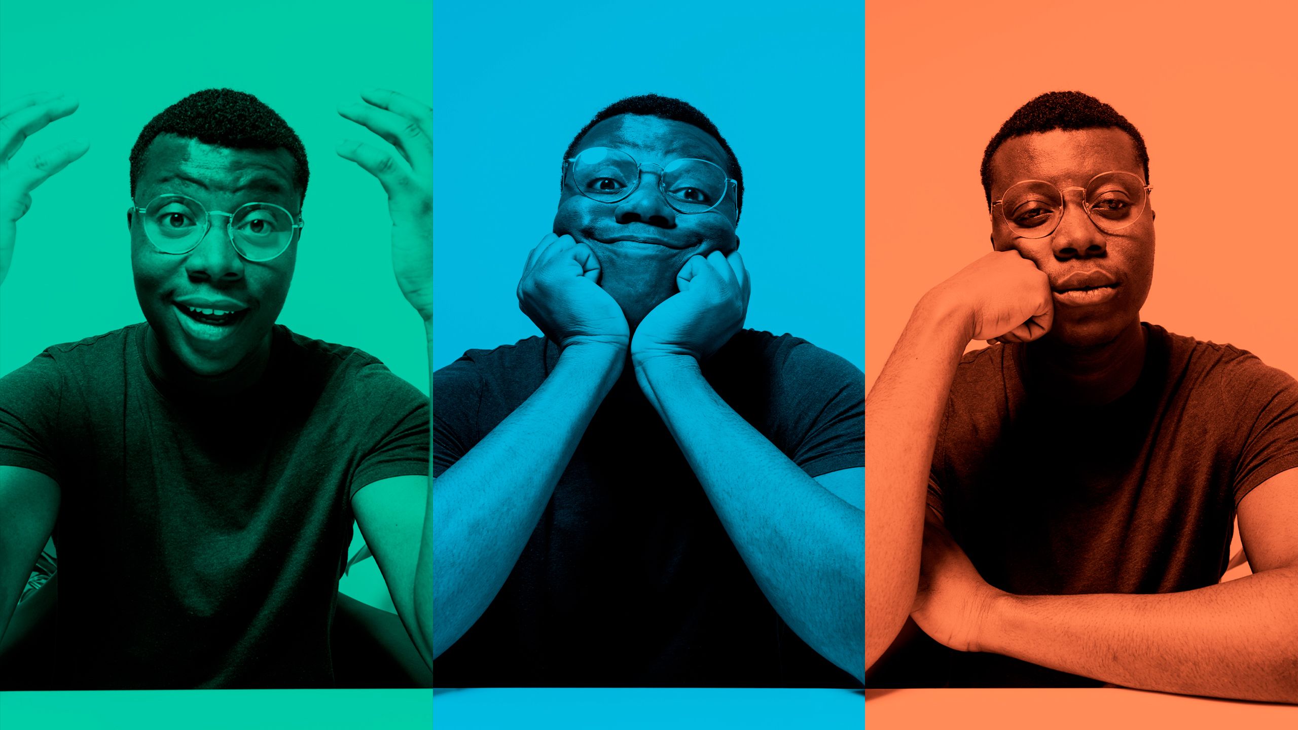 Three frames with a green, blue and orange filter showing three different facial expressions of a man listening and reacting during an online meeting.