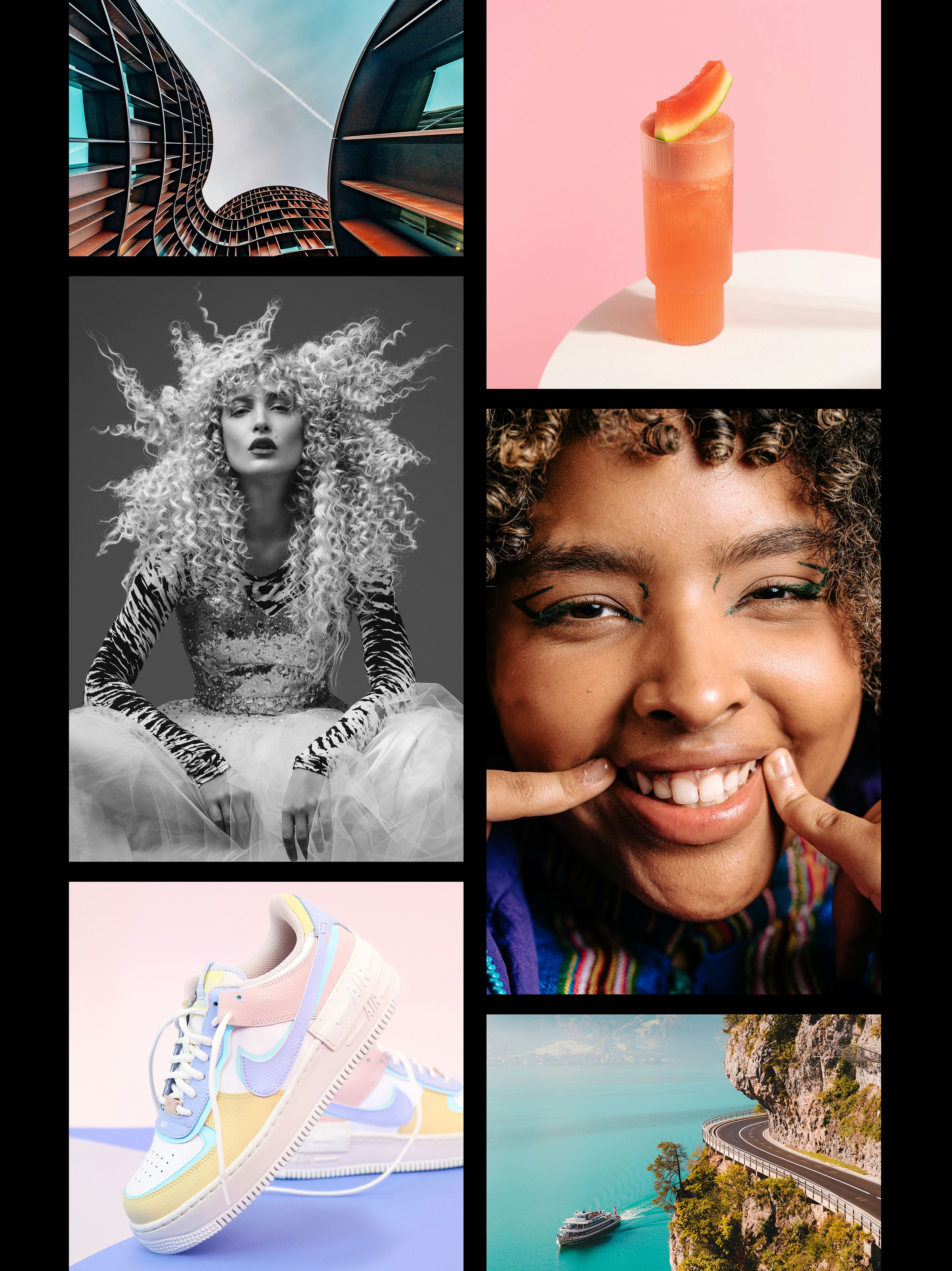 A selection of images of a woman, some sneakers, another woman smiling, a drink.