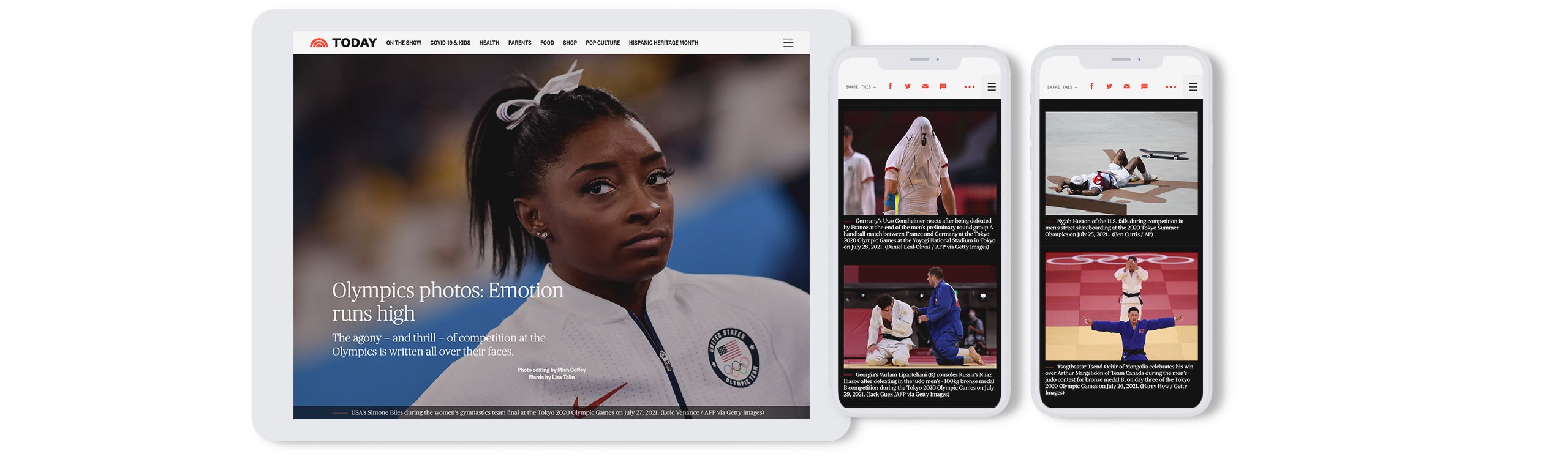 Screenshots from NBC's photo essay on the Olympics, spread across several devices.