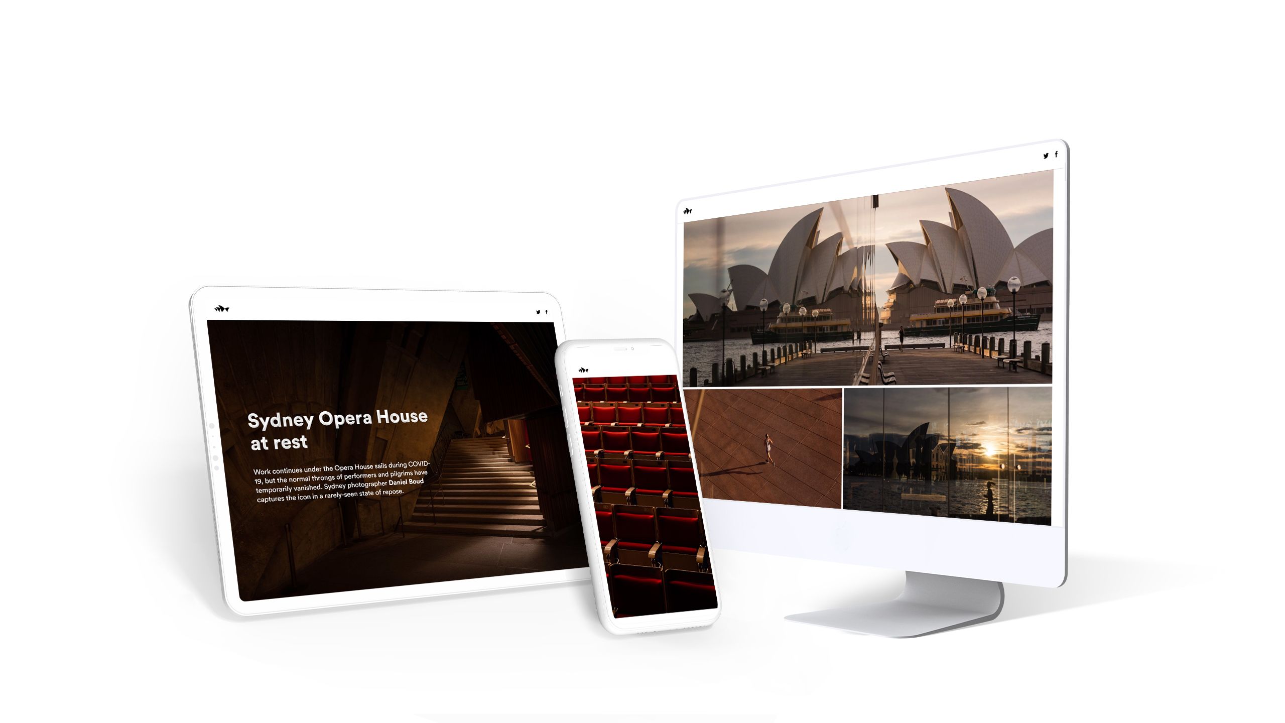 Screenshots from the Sydney Opera House's photo essay on life during lockdown, spread across several devices.