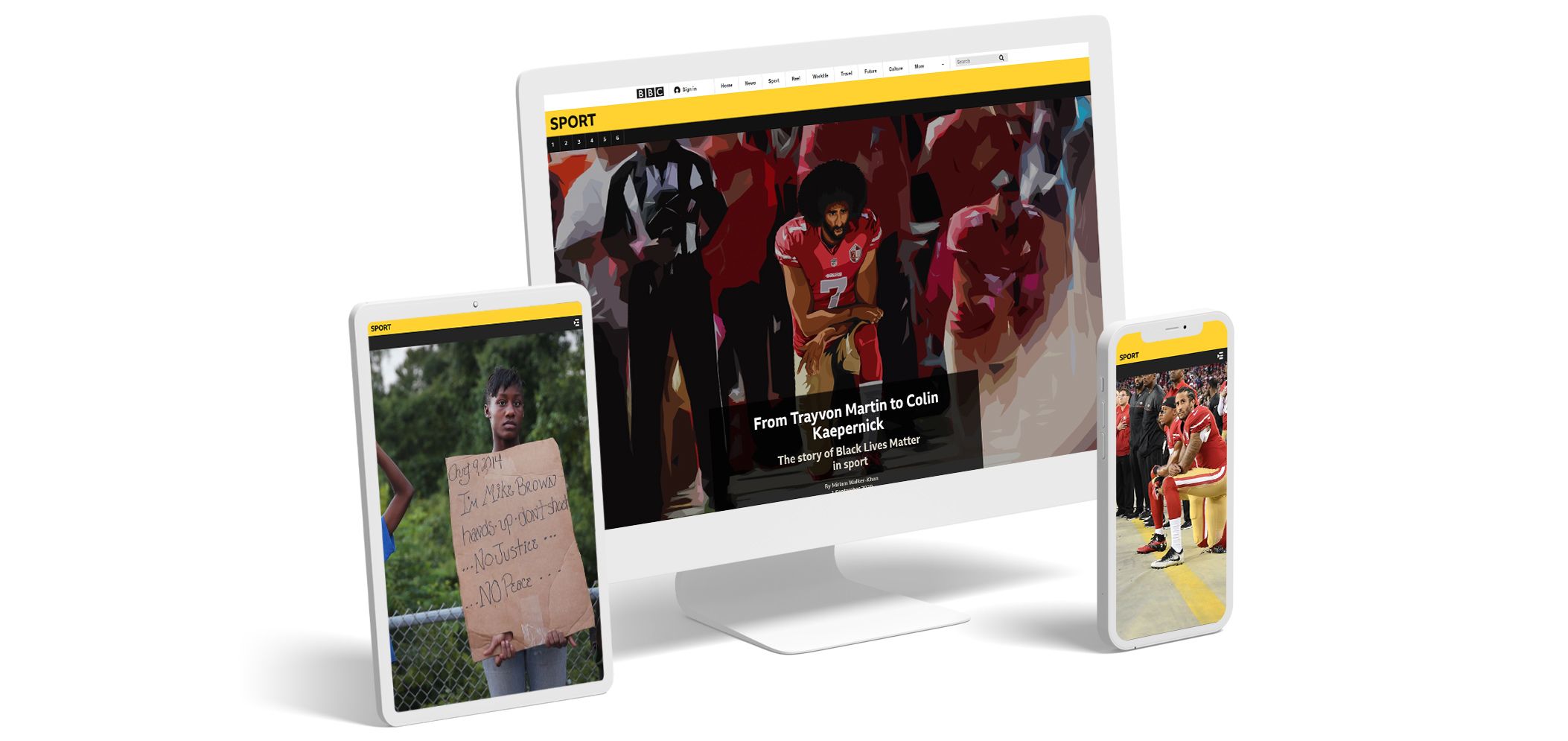 Screenshots from the BBC's photo essay on Black Lives Matter in sport , spread across several devices.