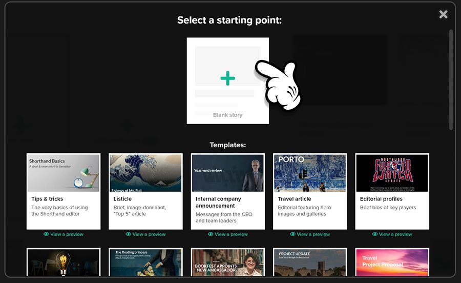 A screenshot of the template gallery in the Shorthand app.