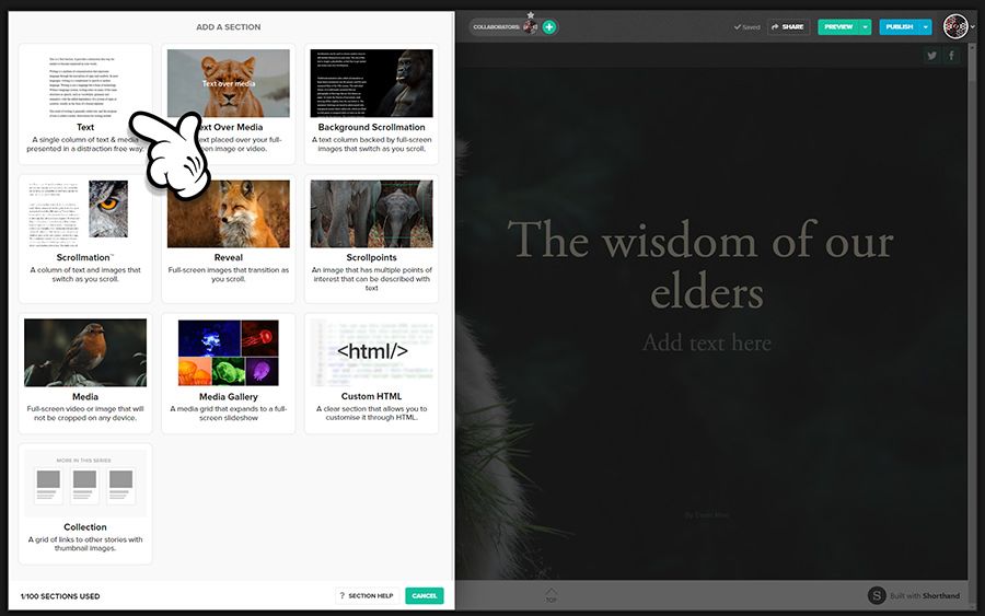 A screenshot of how to select a Text section in the Shorthand app