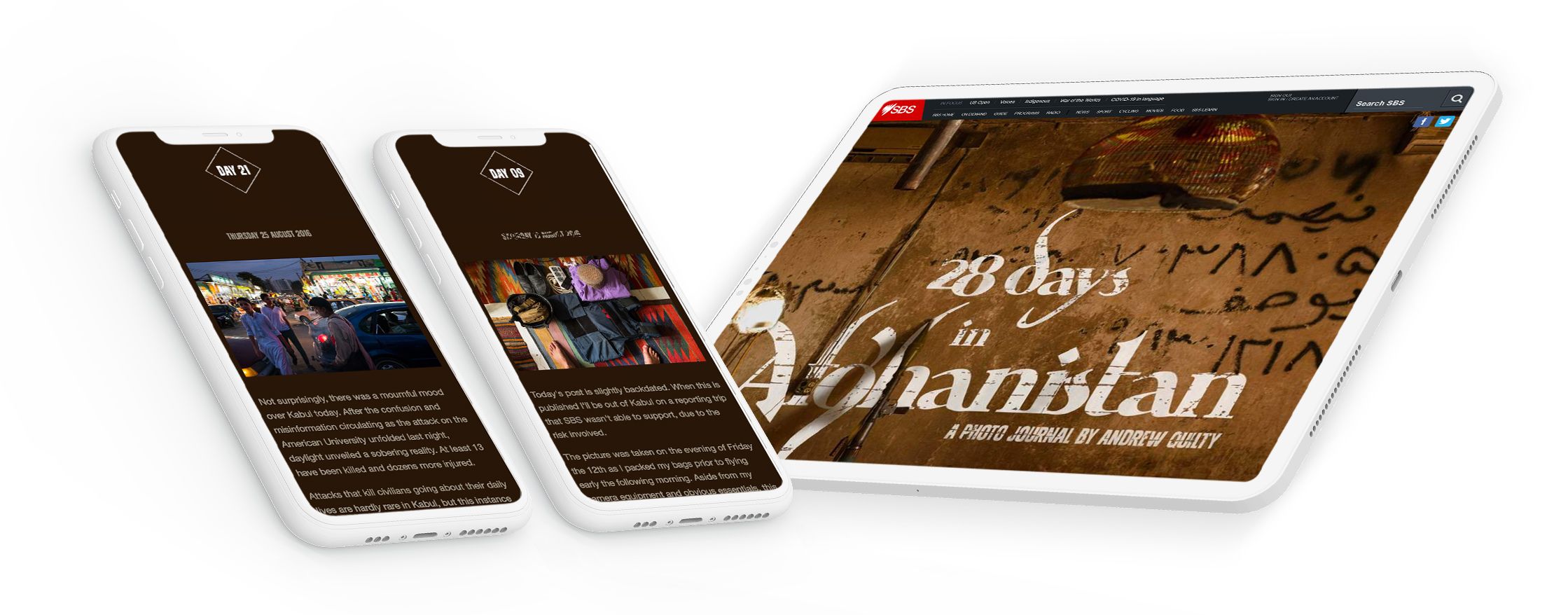 Screenshots from SBS's photo essay on Afghanistan, spread across several devices.