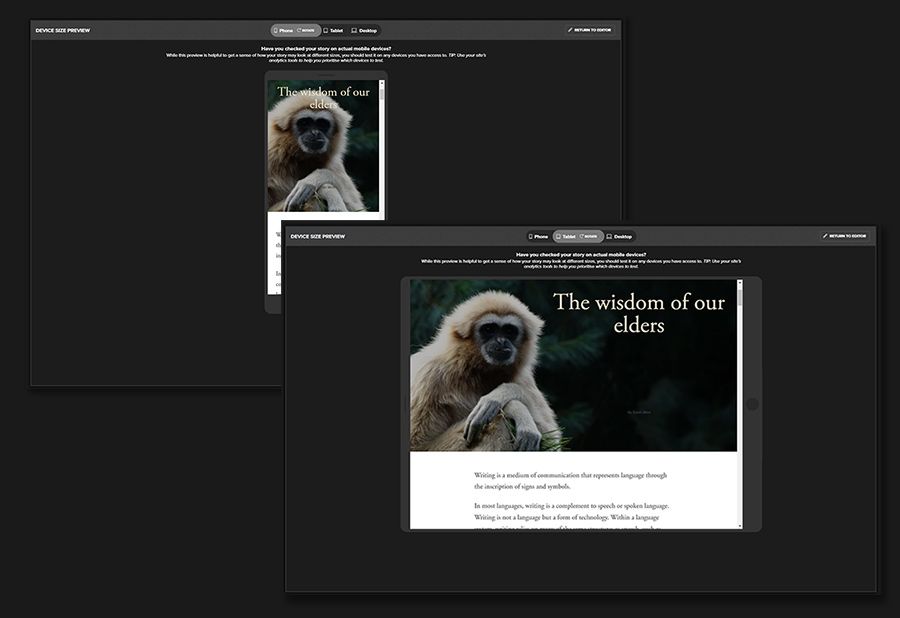 Examples of previews of a Shorthand story in two different devices.