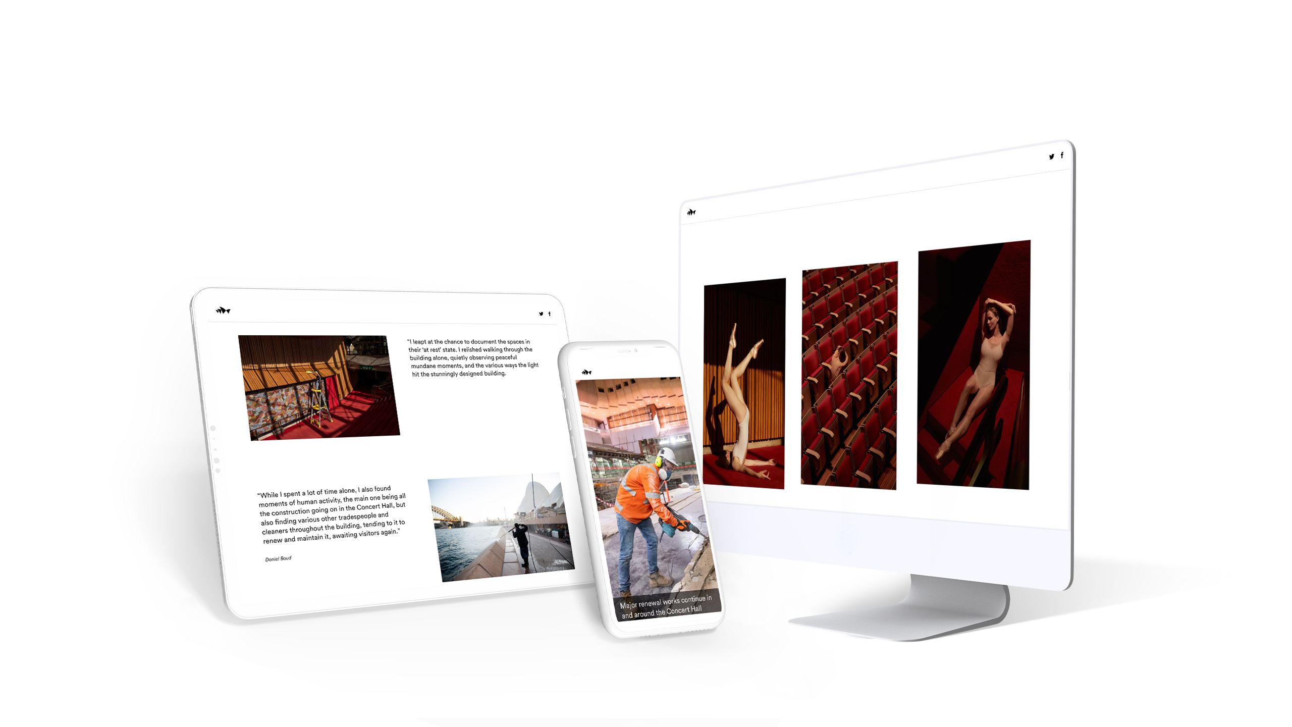 Screenshots from the Sydney Opera House's photo essay on life during lockdown, spread across several devices.