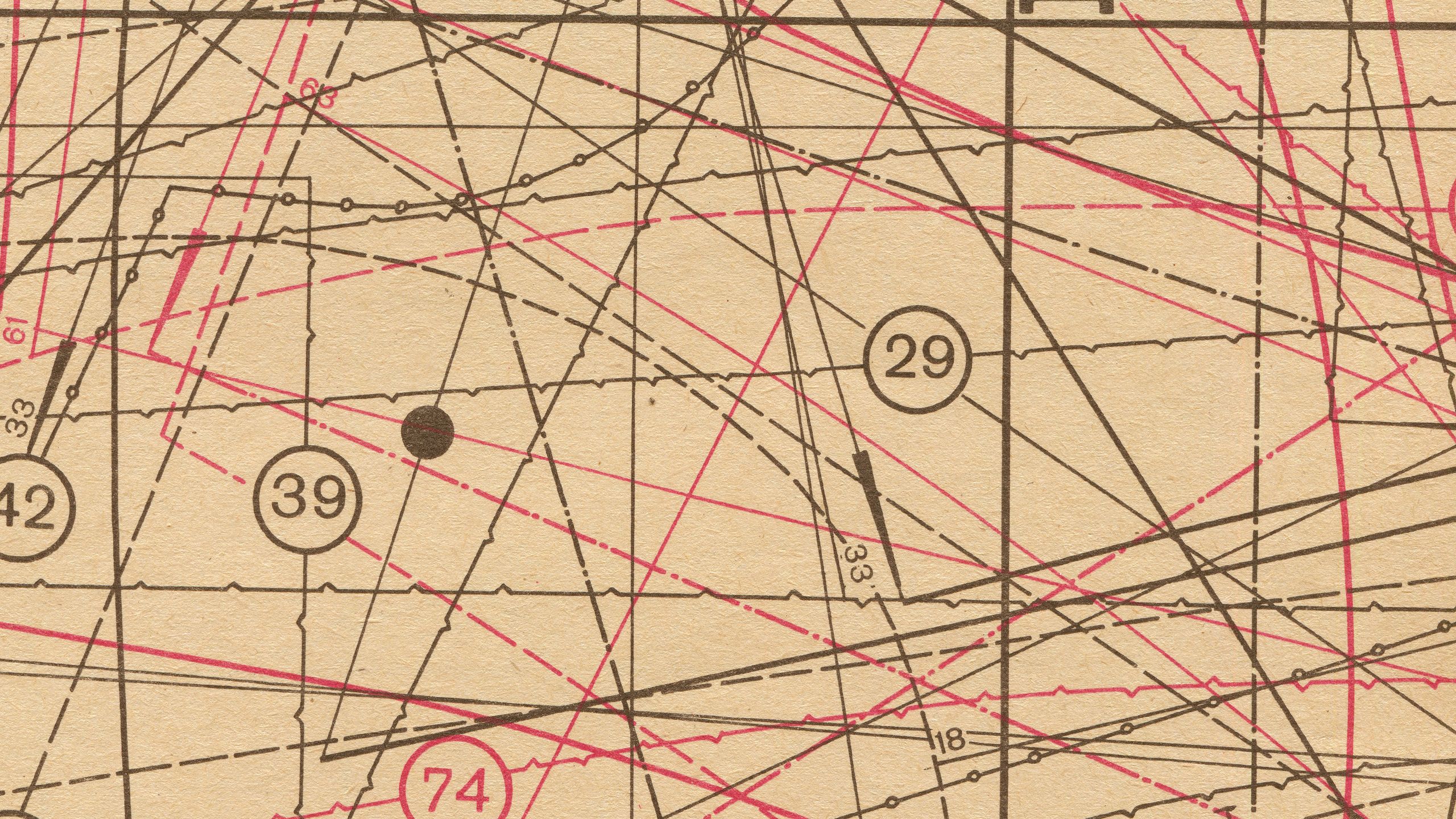 Criss-crossing lines on a brown background, somewhat reminiscent of a map, representing the process of building a story in data journalism.