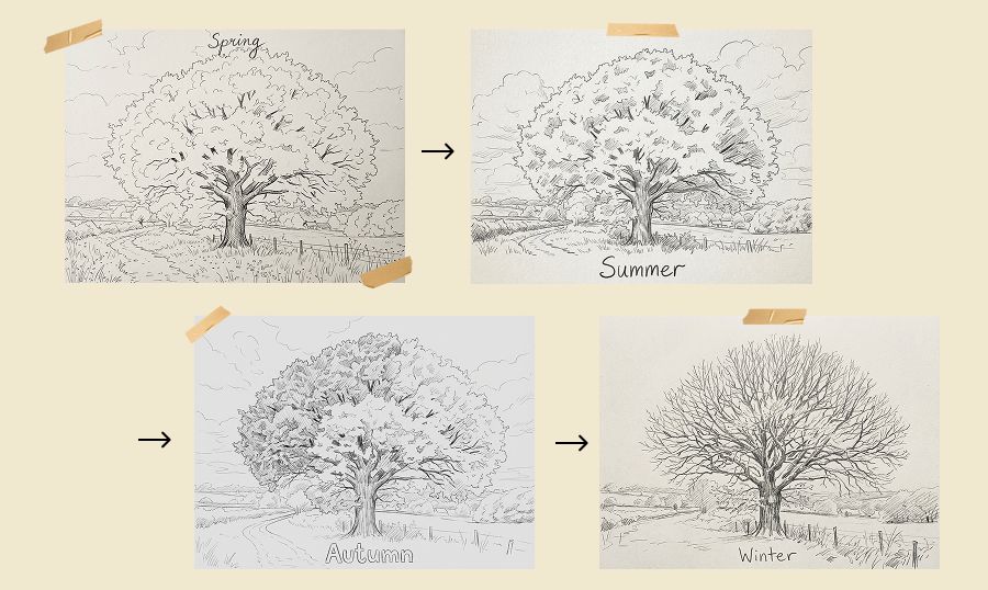Sketches showing a tree in four seasons