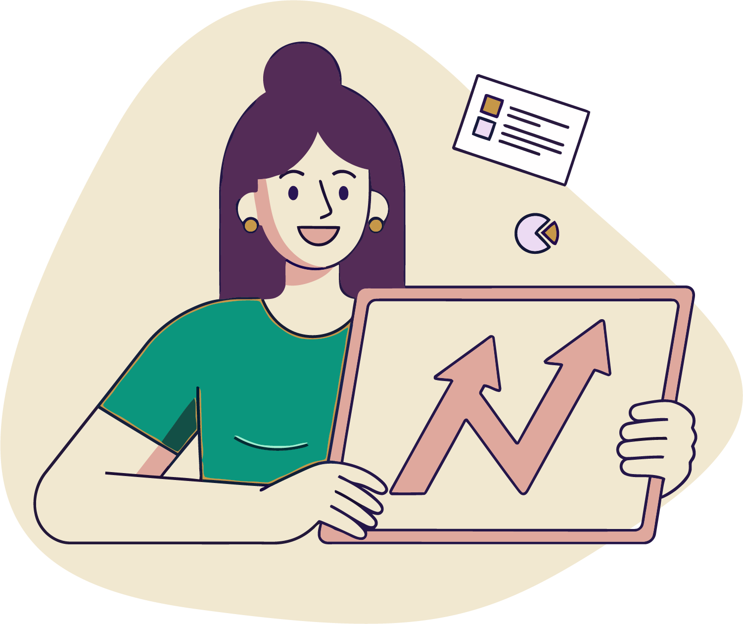 Illustration of a woman holding up a chart pointing upwards