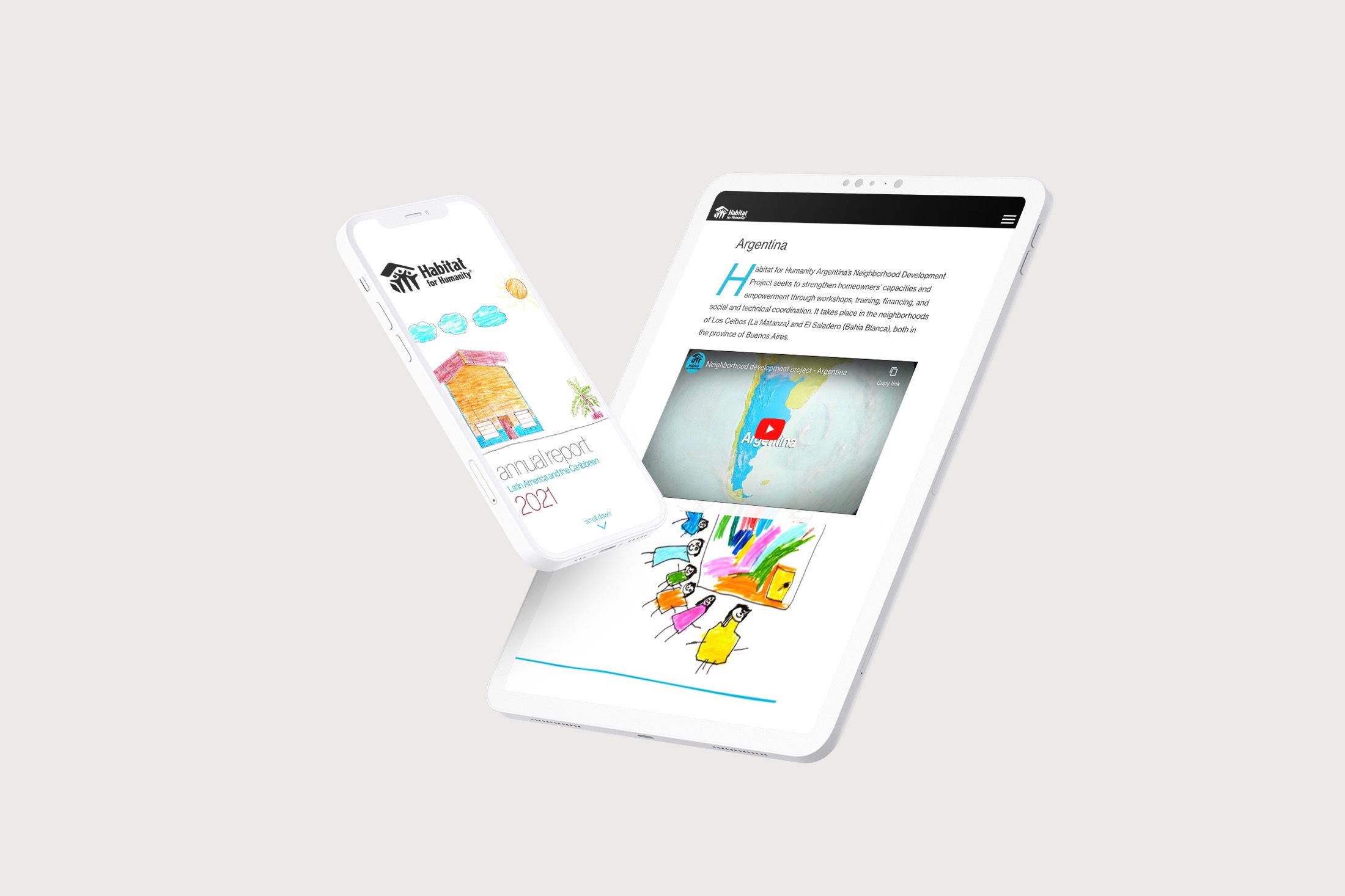 A smartphone and a tablet showing the Habitat for Humanity 2021 annual report.