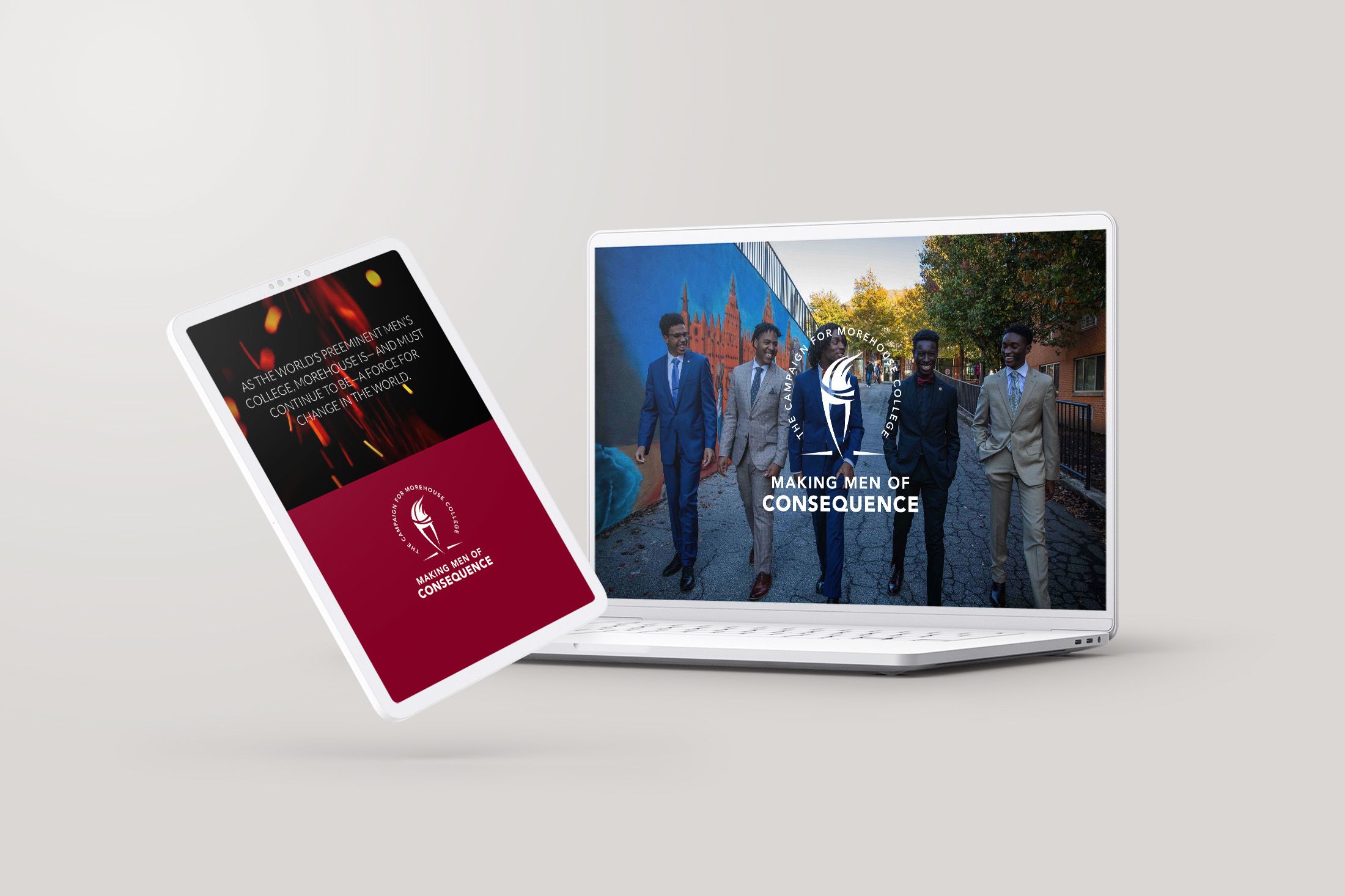 A tablet and a laptop showing people in suits and the words "Making men of consequence".