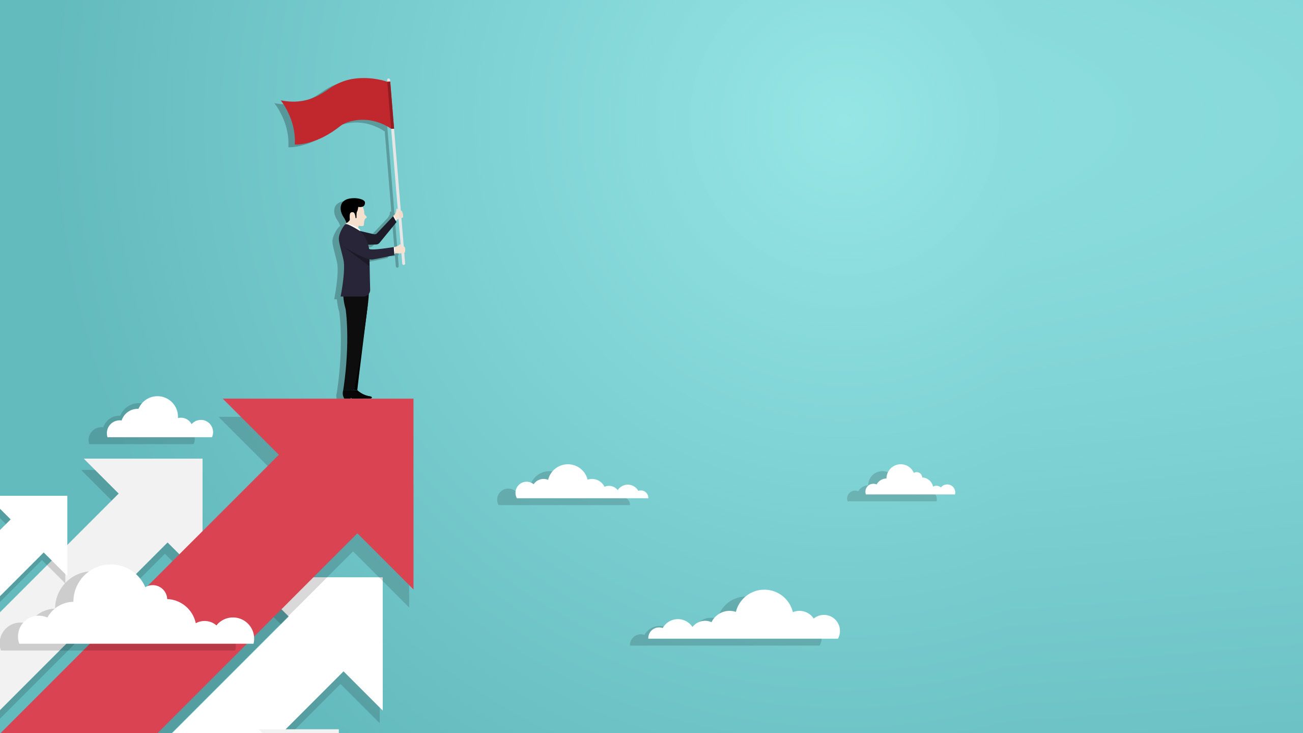 Illustration of man holding a flag, with an arrow indicating content success.