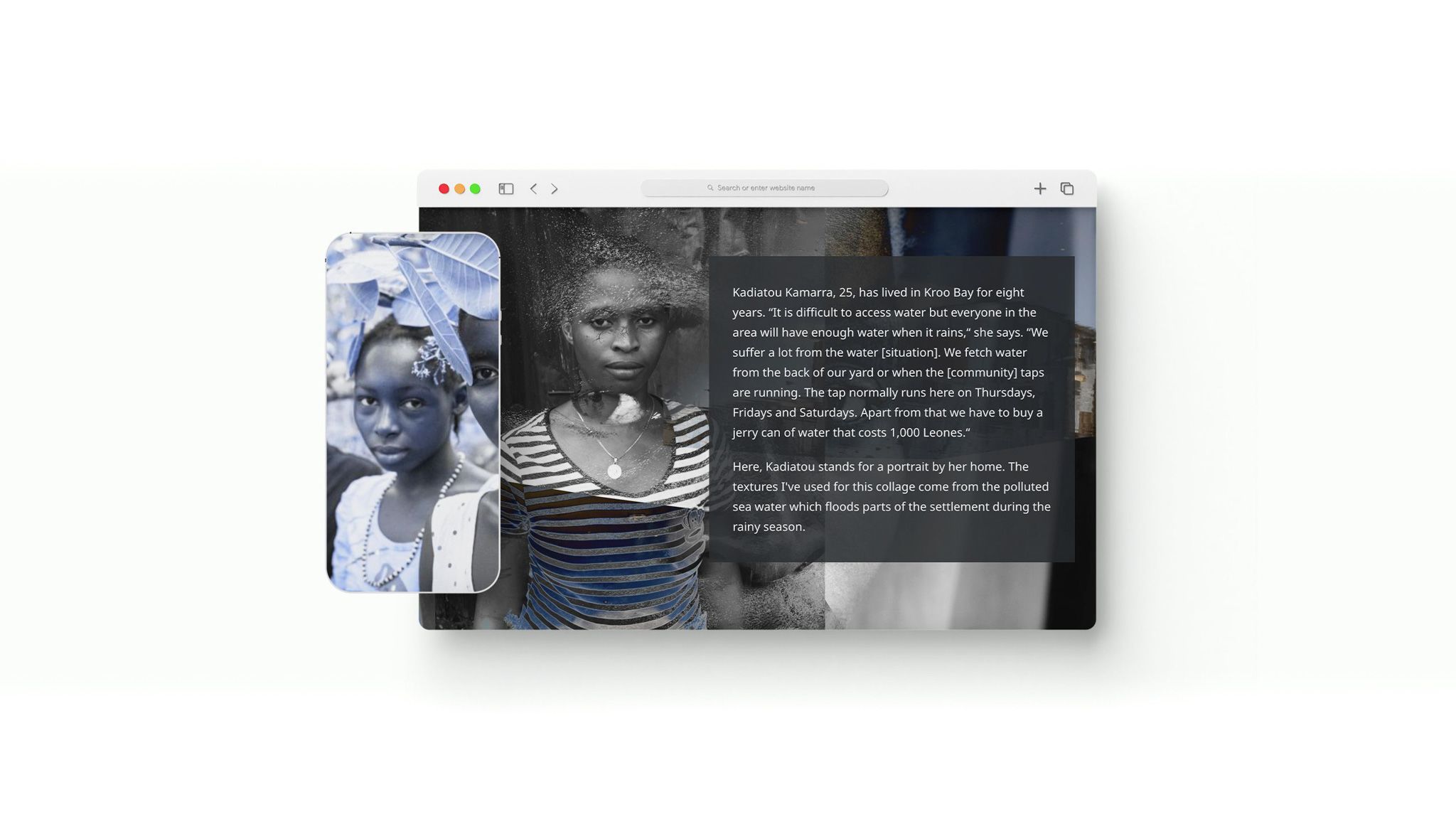 A desktop screen and a smartphone that show the feature story "Water Na Life".