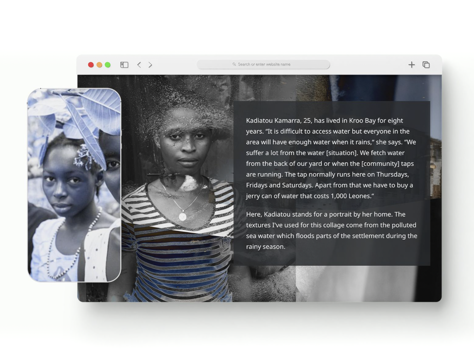 A desktop computer and a smartphone that show the feature story "Water Na Life".