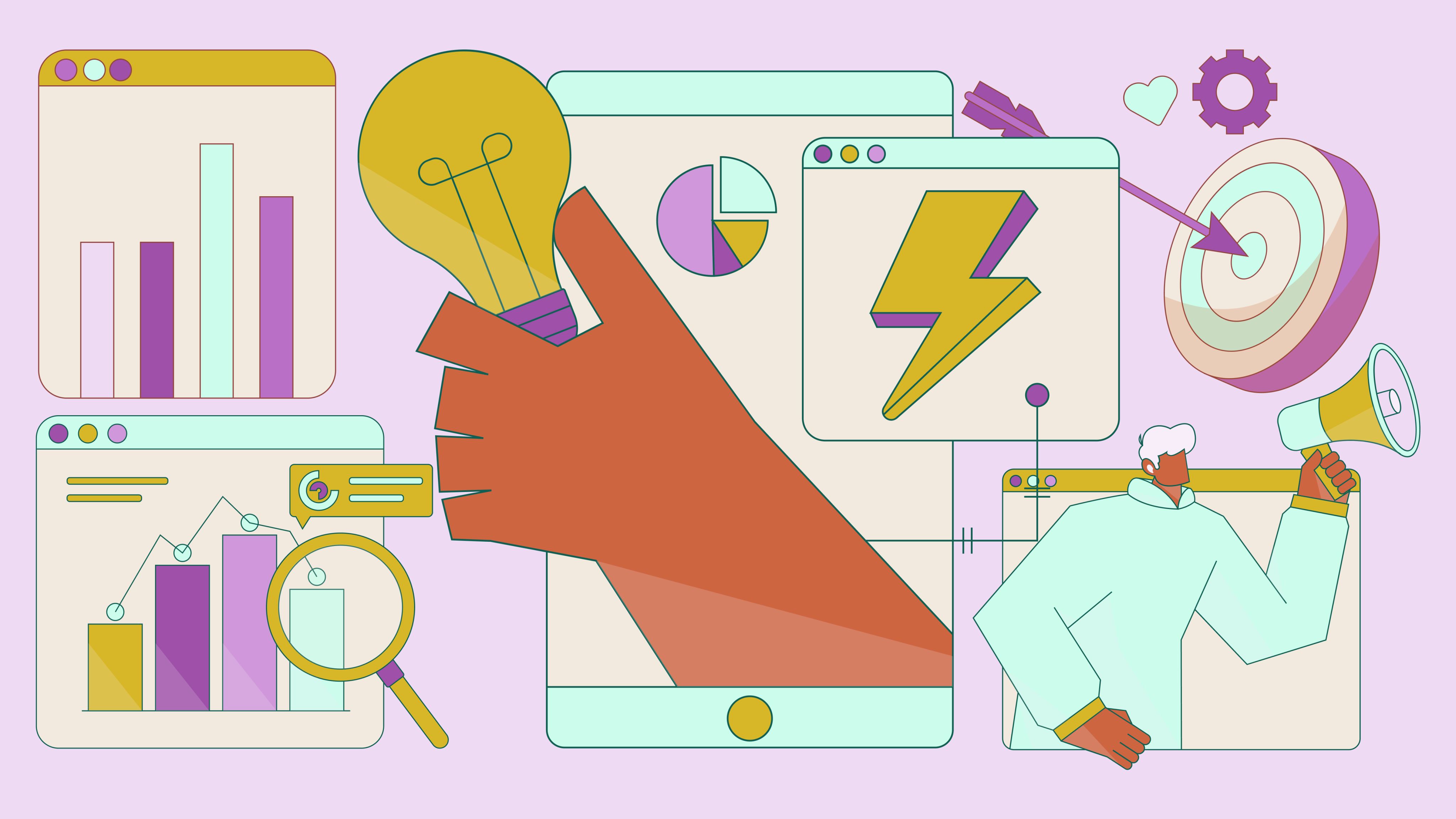 Cartoon illustration of a hand holding a lightbulb up to report elements like charts and line graphs.