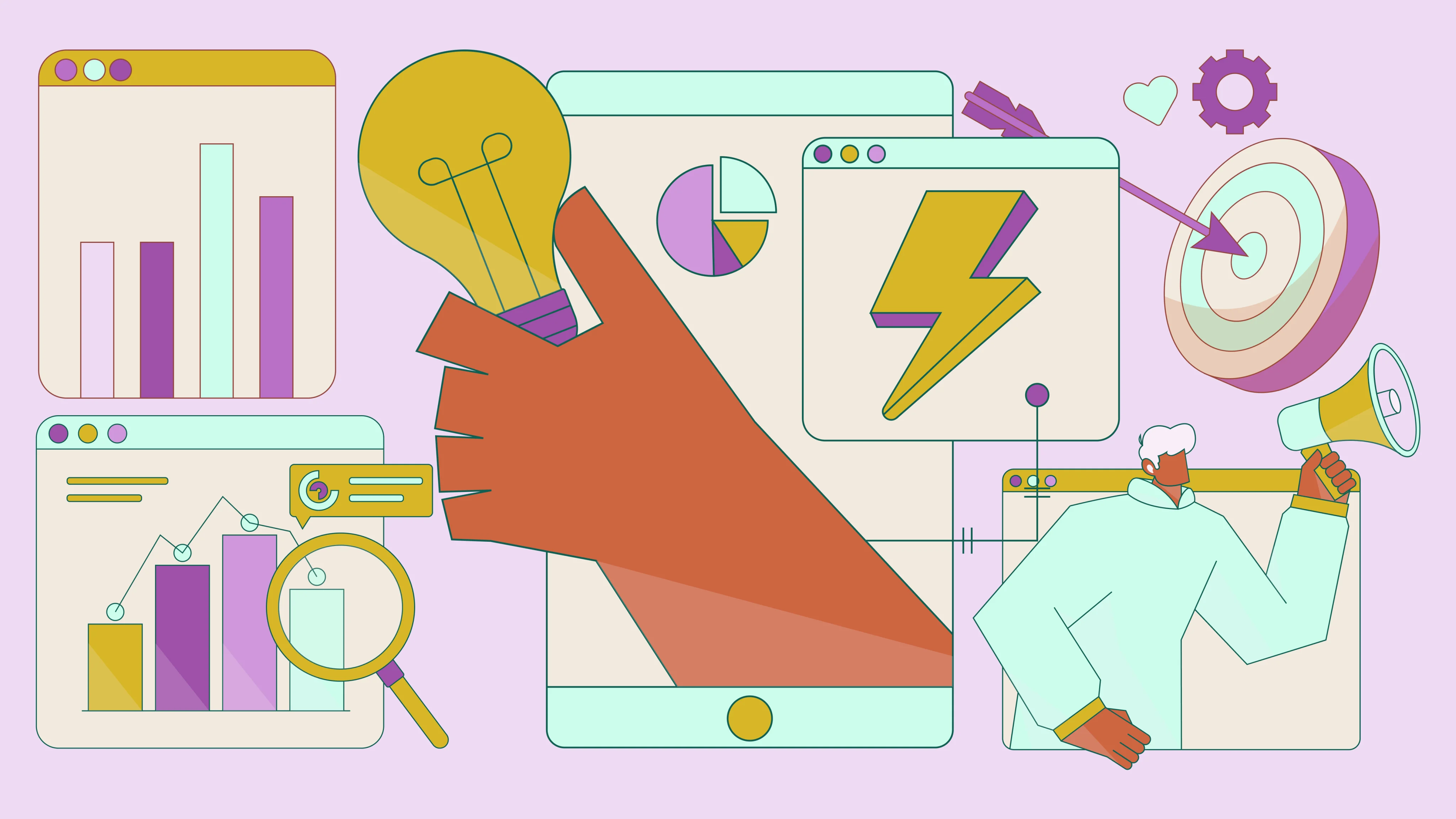 Cartoon illustration of a hand holding a lightbulb up to report elements like charts and line graphs.