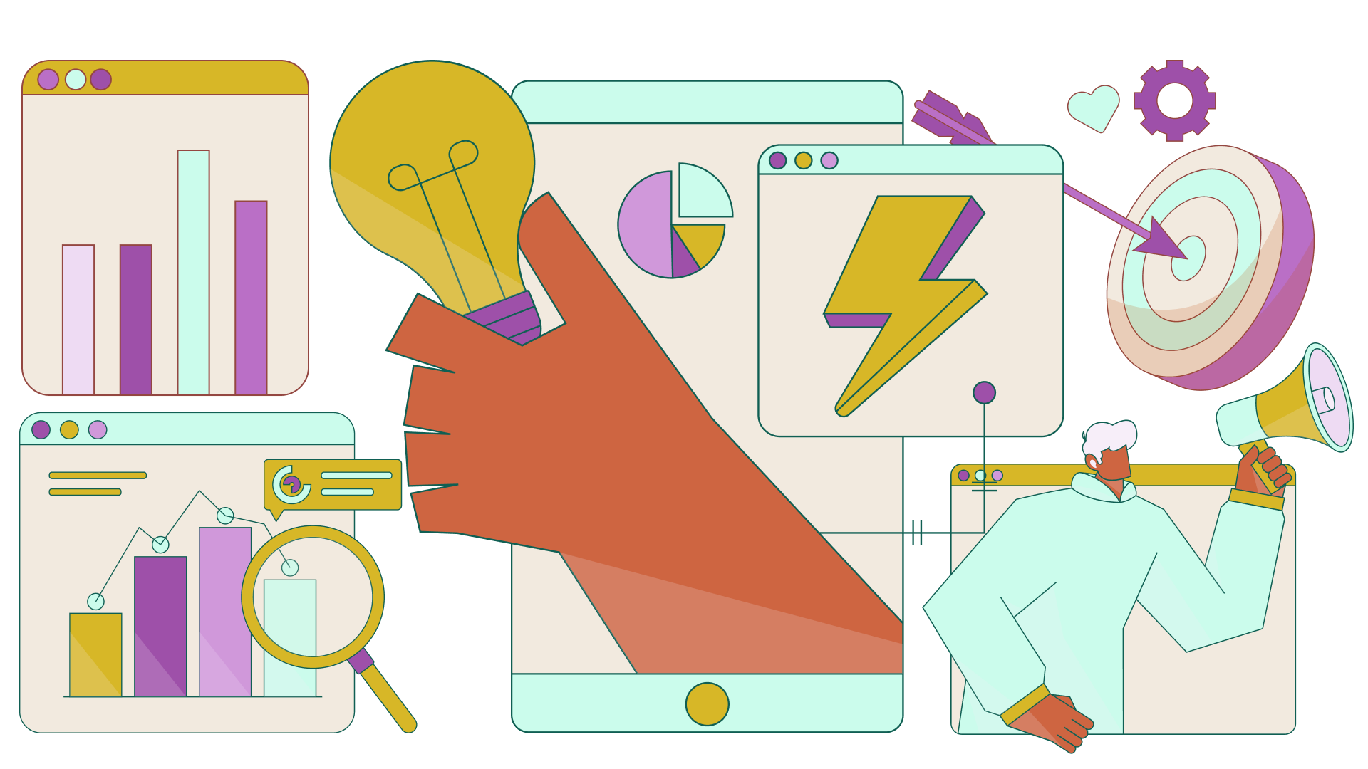 Research report elements such as bar charts, pie graph, and line graph are illuminated by a cartoon lightbulb.