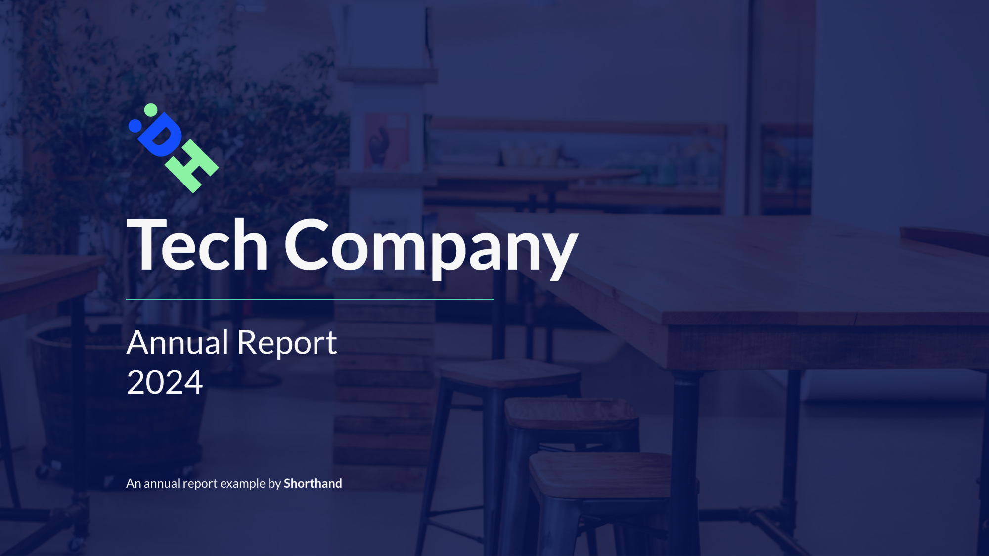 Office interior photo with a blue filter applied, behind the text 'tech company annual report 2024'.