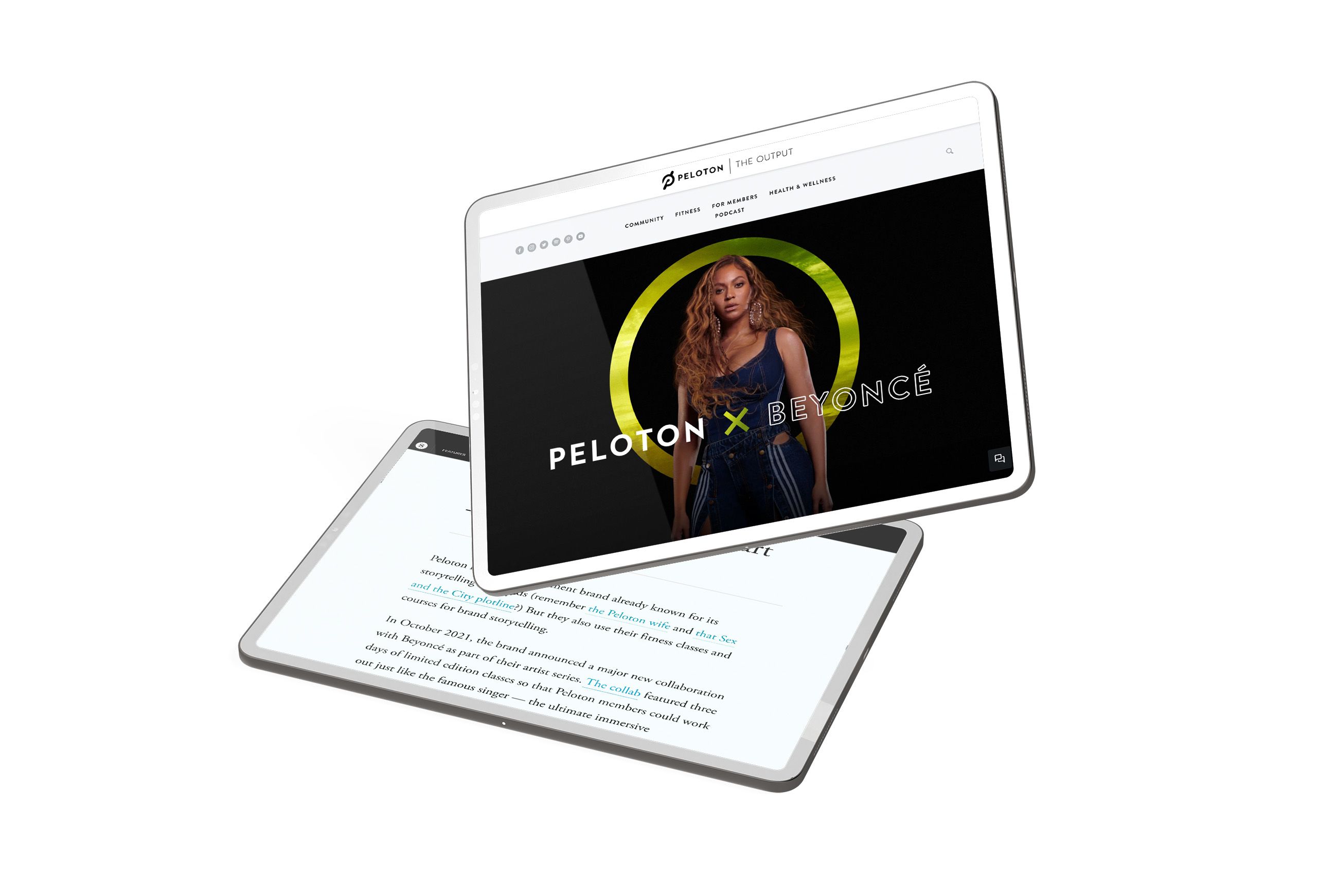 A tablet showing a webpage that reads "Peloton X Beyoncé".