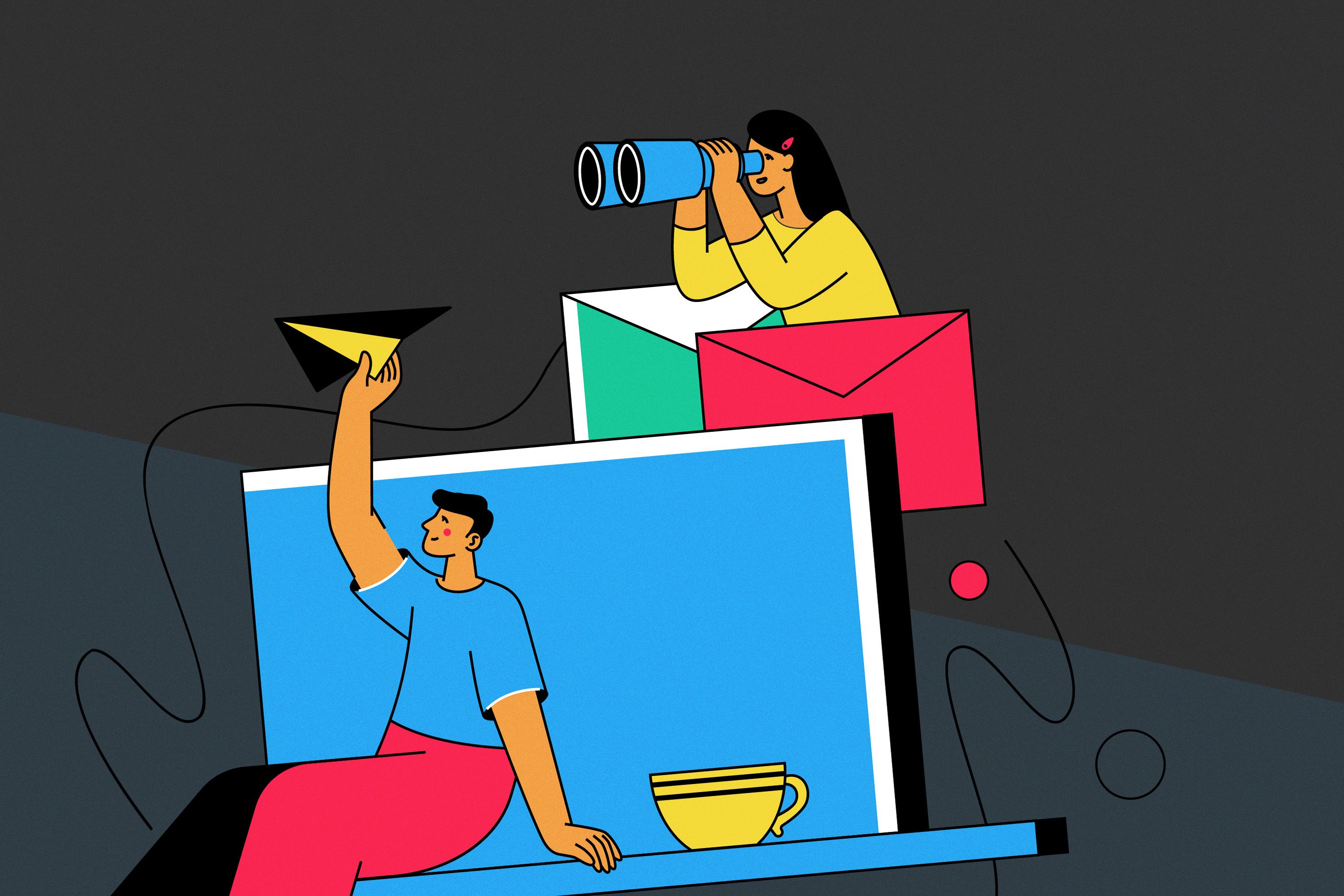 An illustration of two people. One holding a paper plane and the other holding binoculars. It is bright and colourful.
