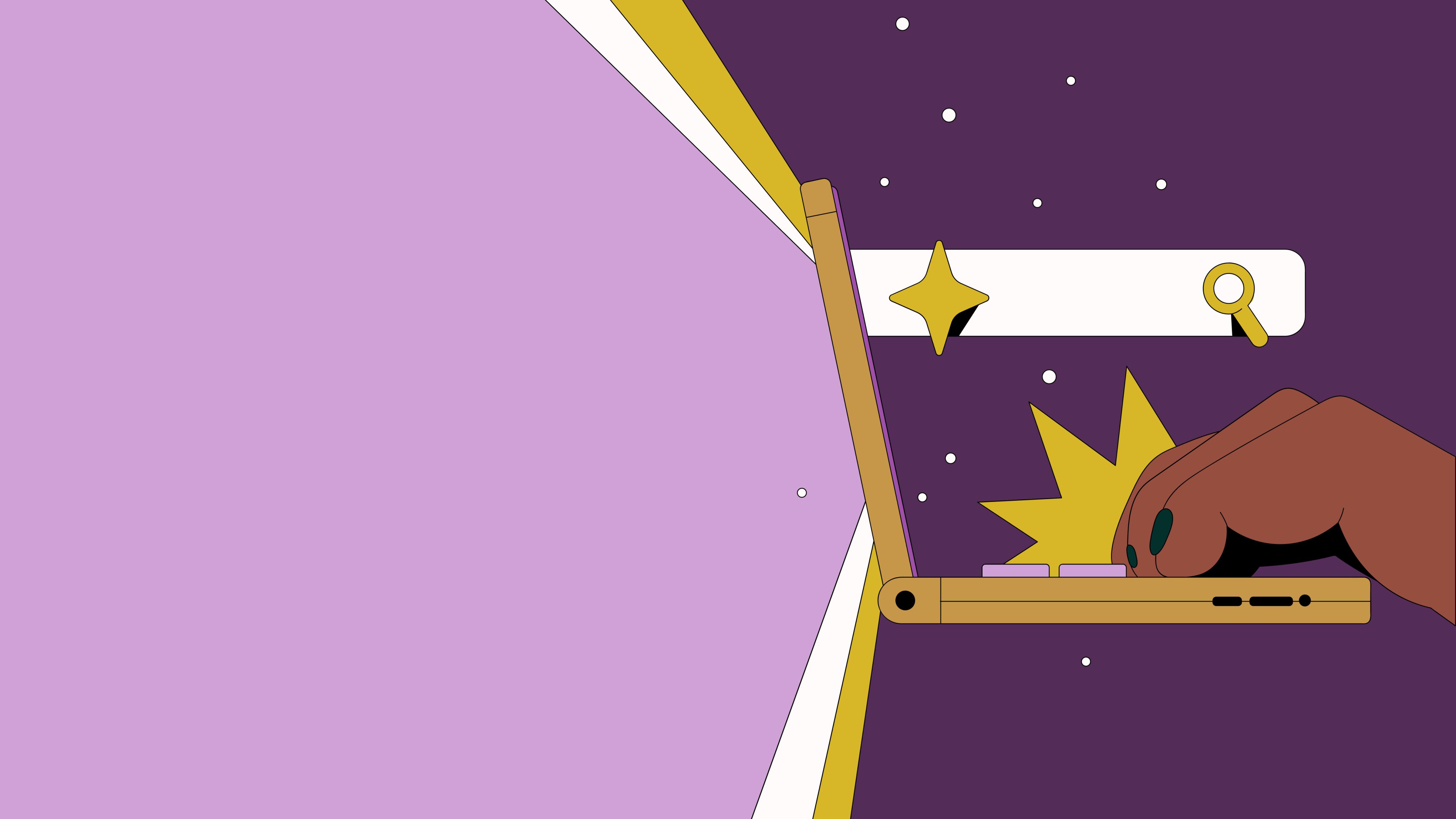 Cartoon illustration of hands typing on a laptop keyboard.