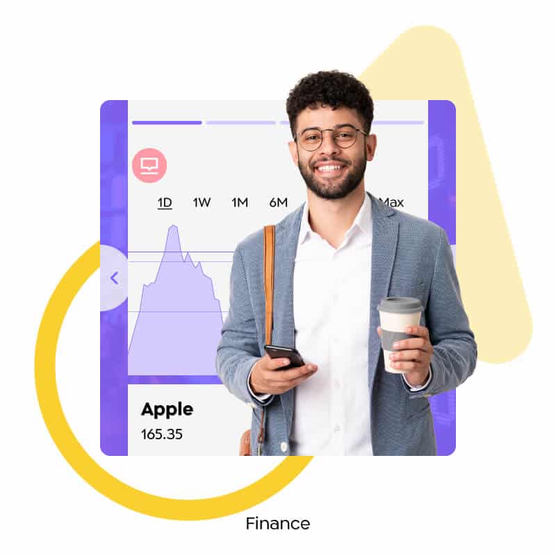 A man stands holding a phone and cup of coffee. A photo from the Apester website.