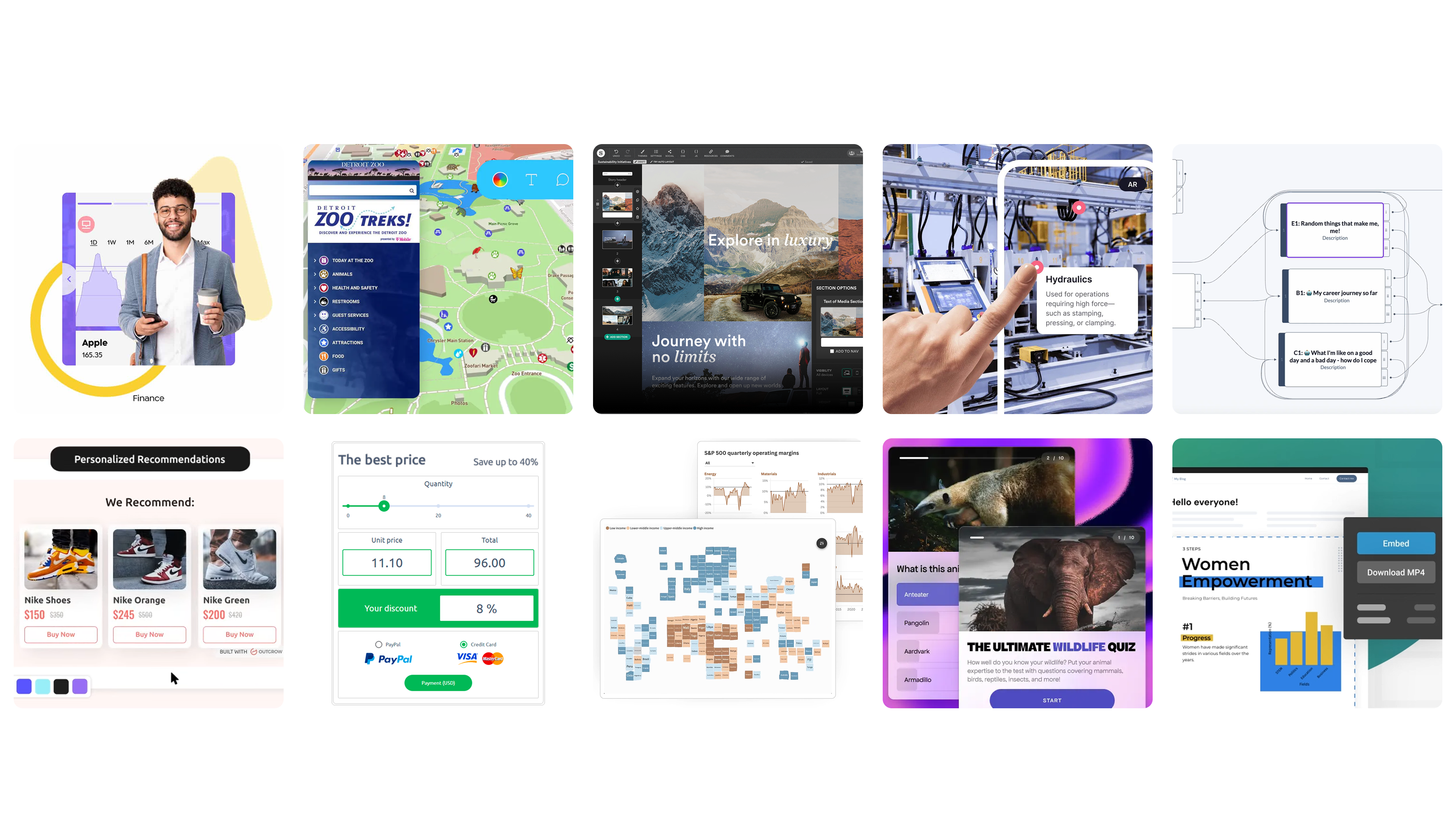 A series of interactive content tools displayed in a tile pattern.