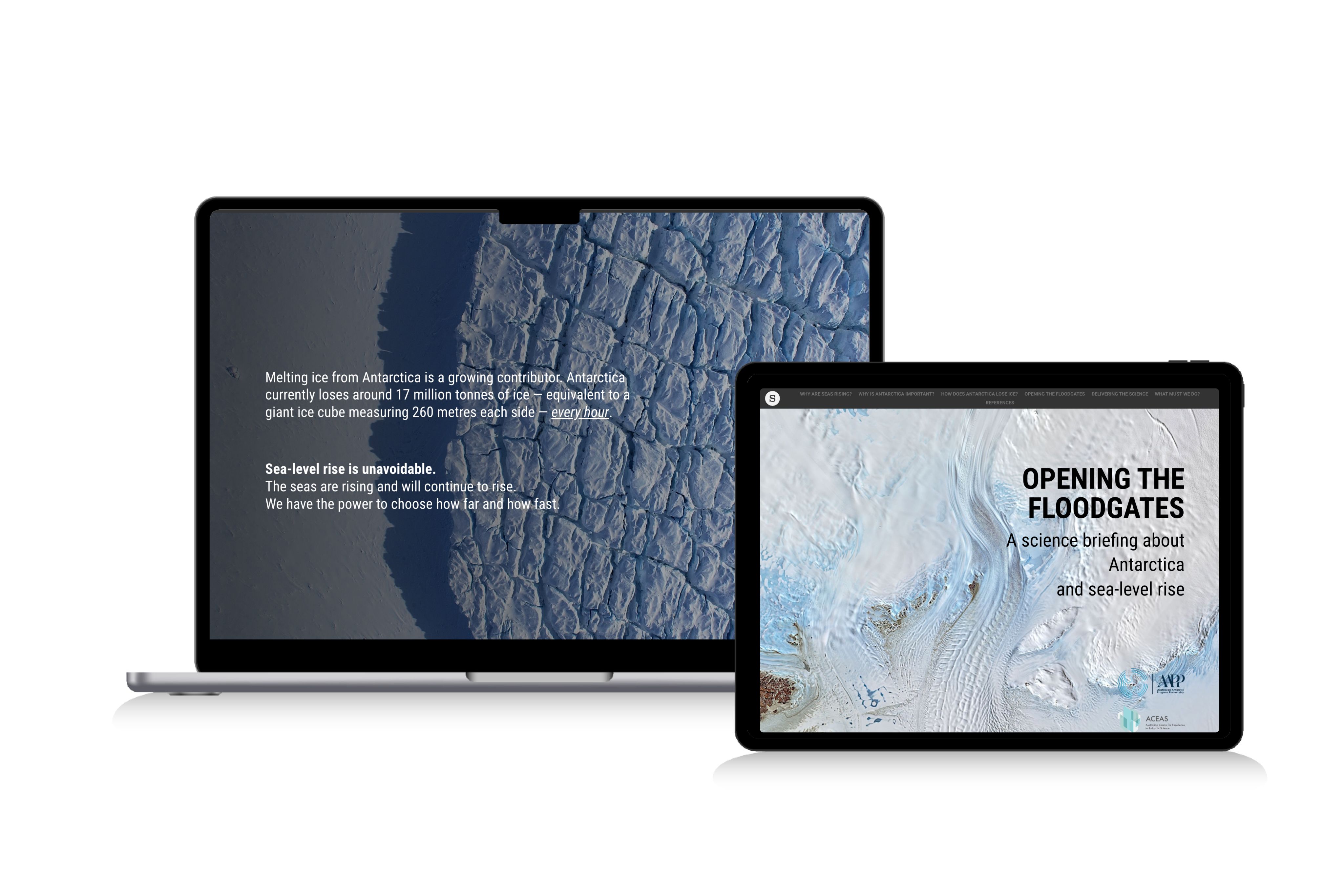 Birds-eye view of an antarctic ice shelf from an article that includes interactive infographics about sea level rising.