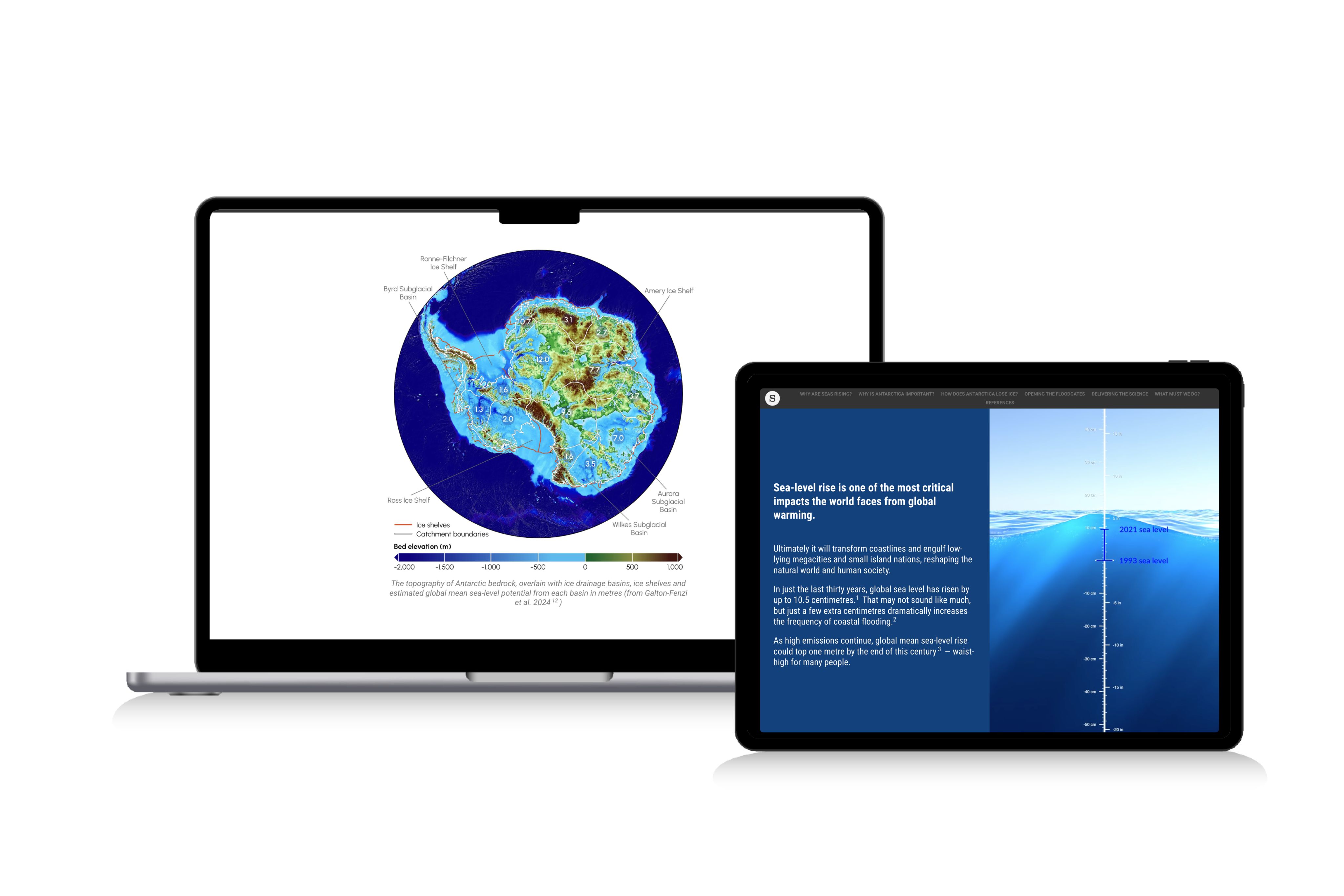 Birds-eye view of an antarctic ice shelf from an article that includes interactive infographics about sea level rising.