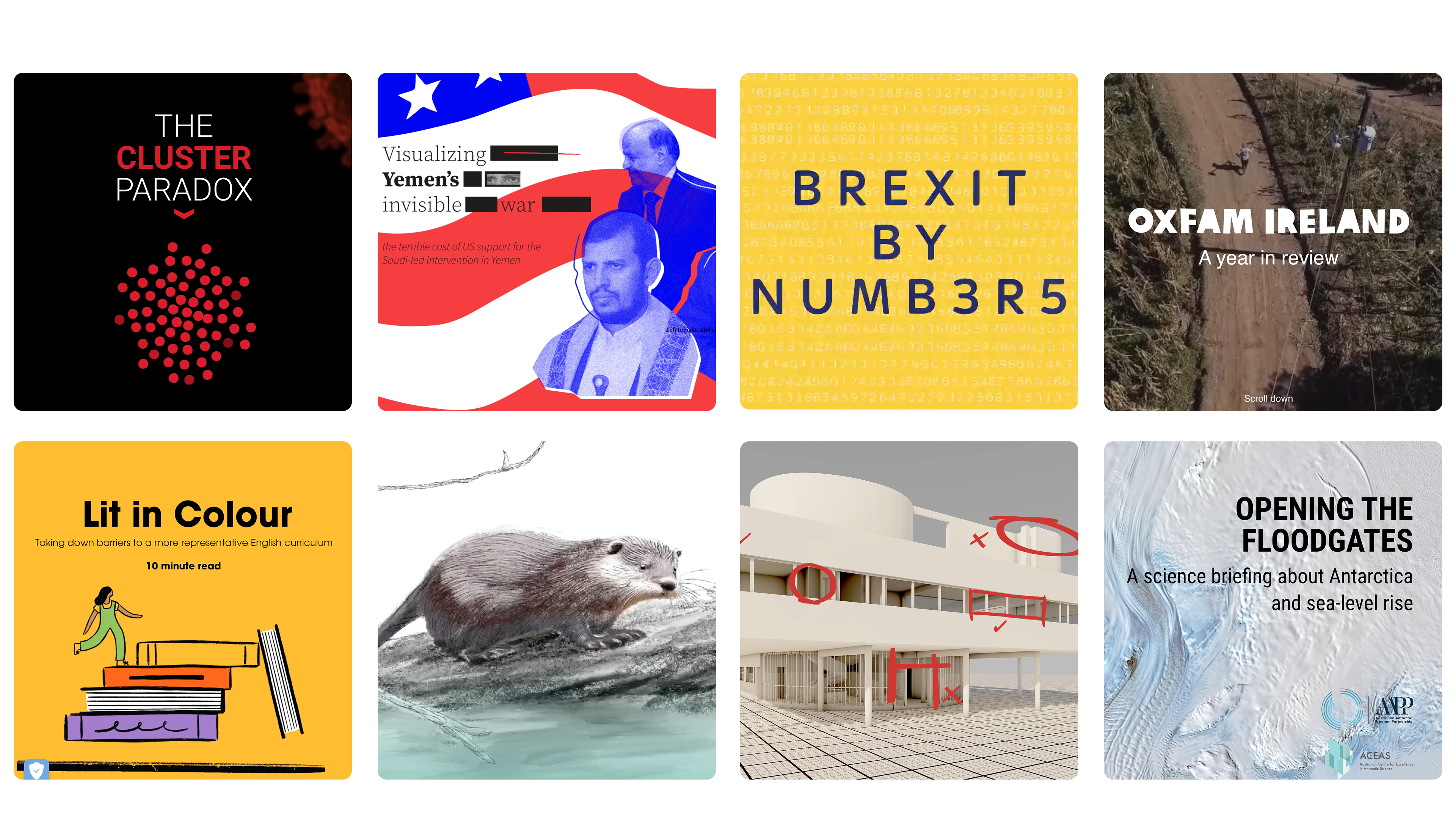 The title section thumbnails of 8 stories that feature interactive infographics.