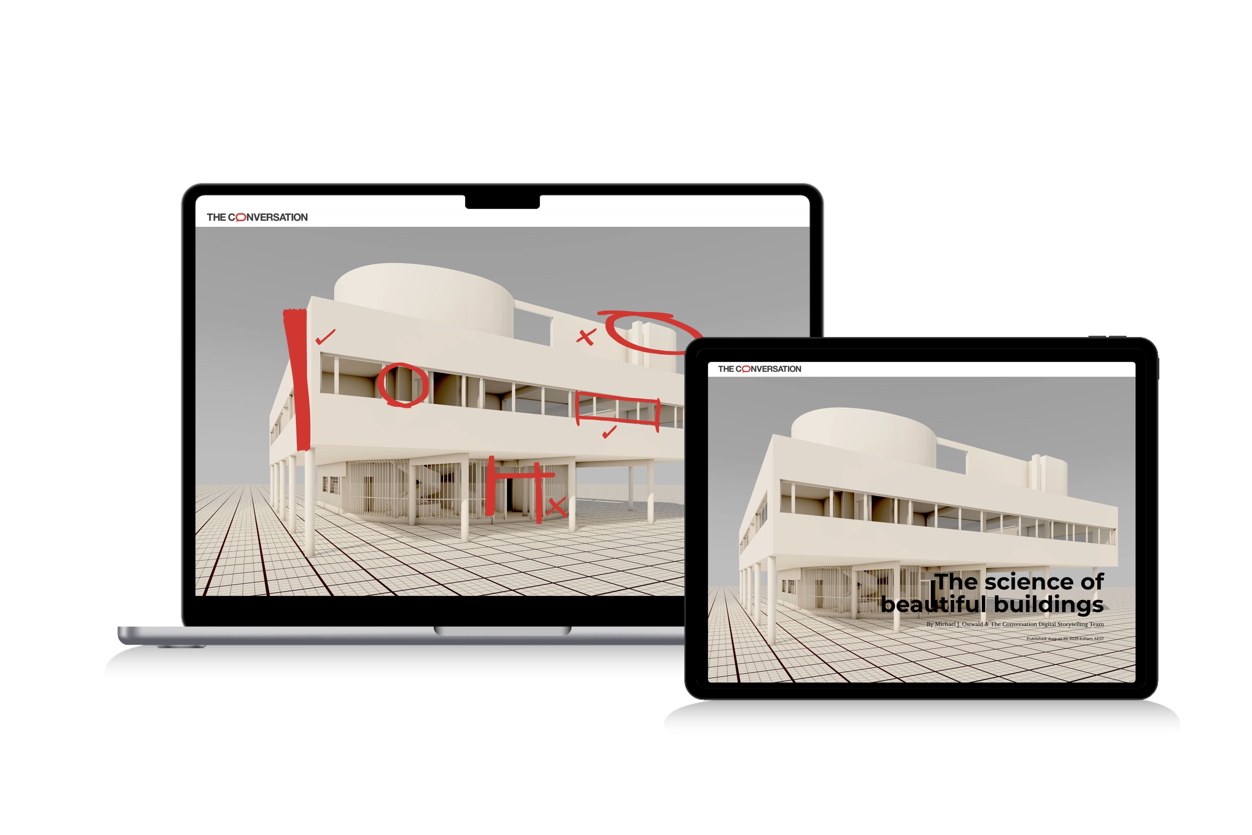 3D renderings of a beautiful house with red hand-drawn markups.