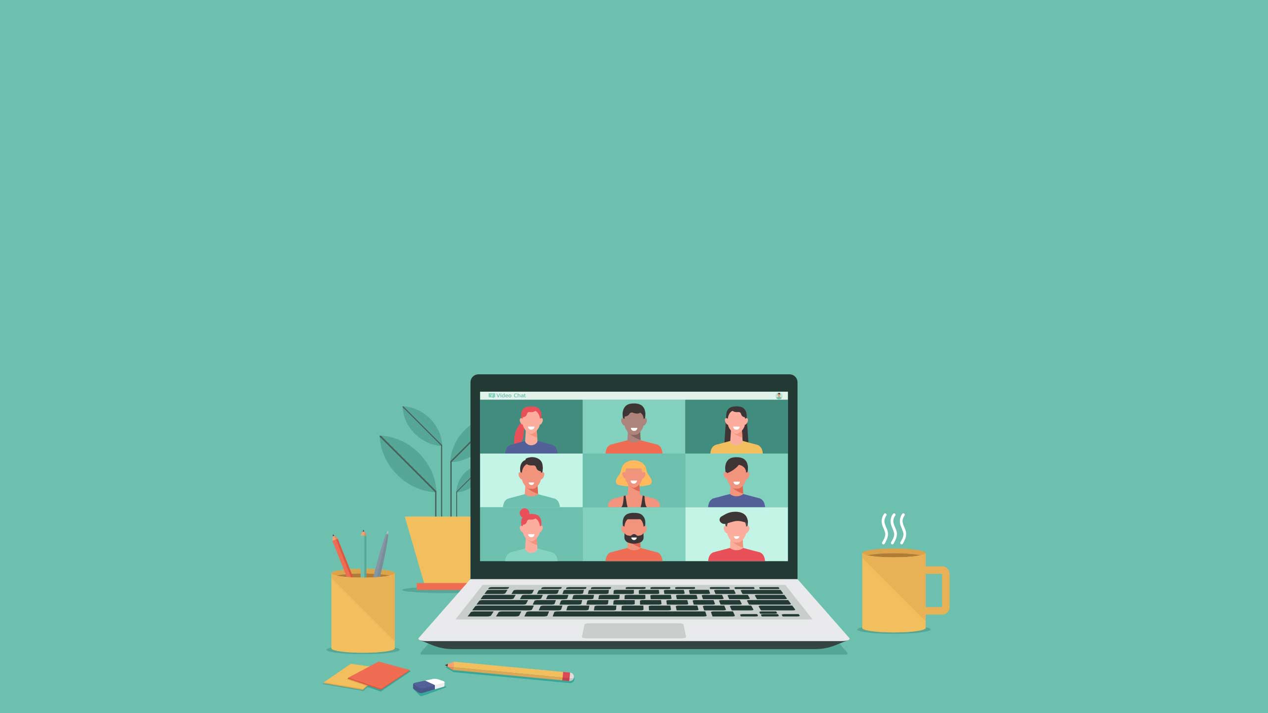 An illustration of people connecting together, learning or meeting online with video conference remote working on laptop computer.