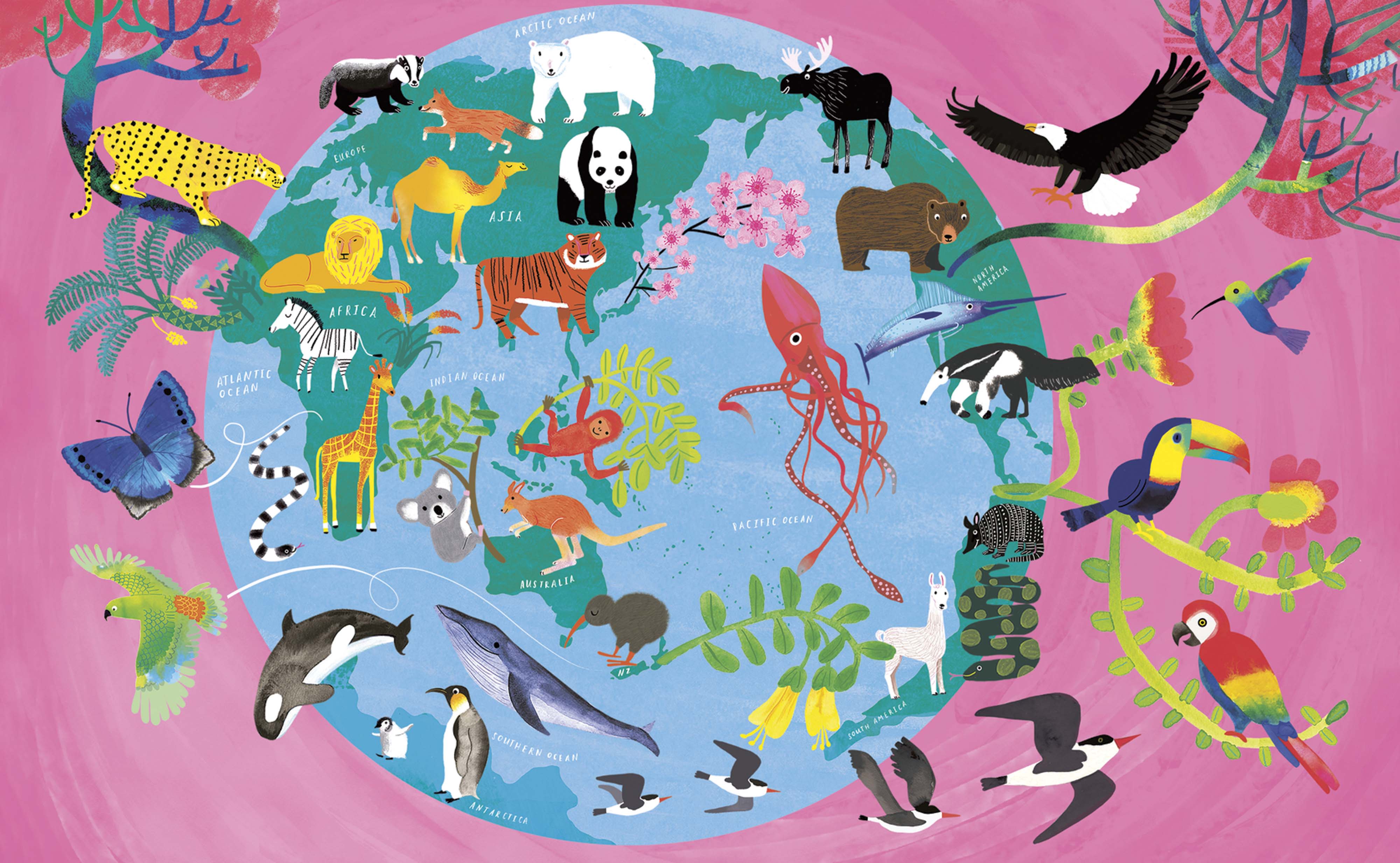 Map of the world centred on Australia and Aotearoa New Zealand, with different plants and animals representing different countries. There is a giant squid occupying most of the Pacific Ocean. The blue-and-green earth sits on a pink background