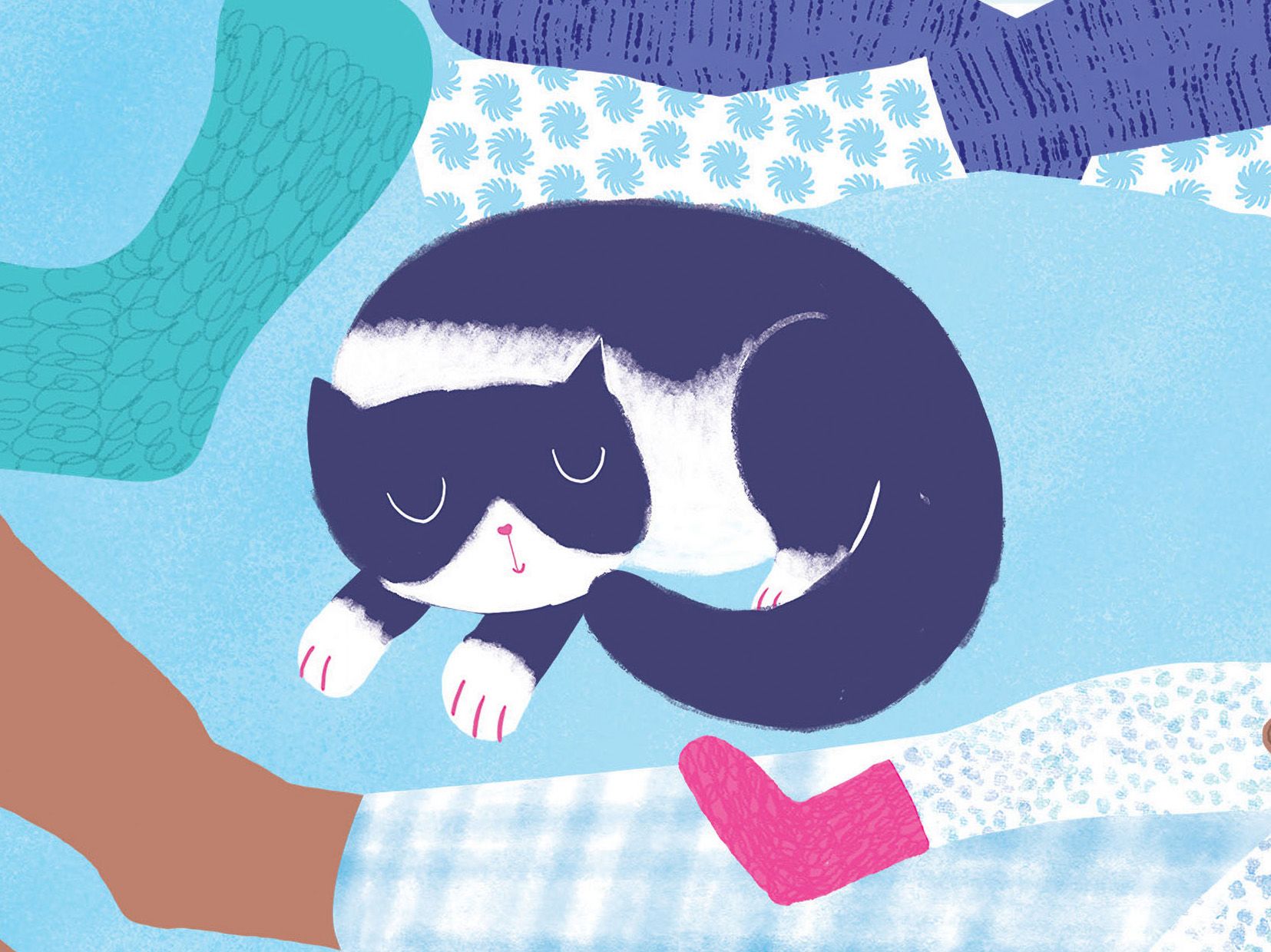 A blue/grey illustrated cat curled up asleep, with people's legs bisecting the frame like they're asleep on the floor too