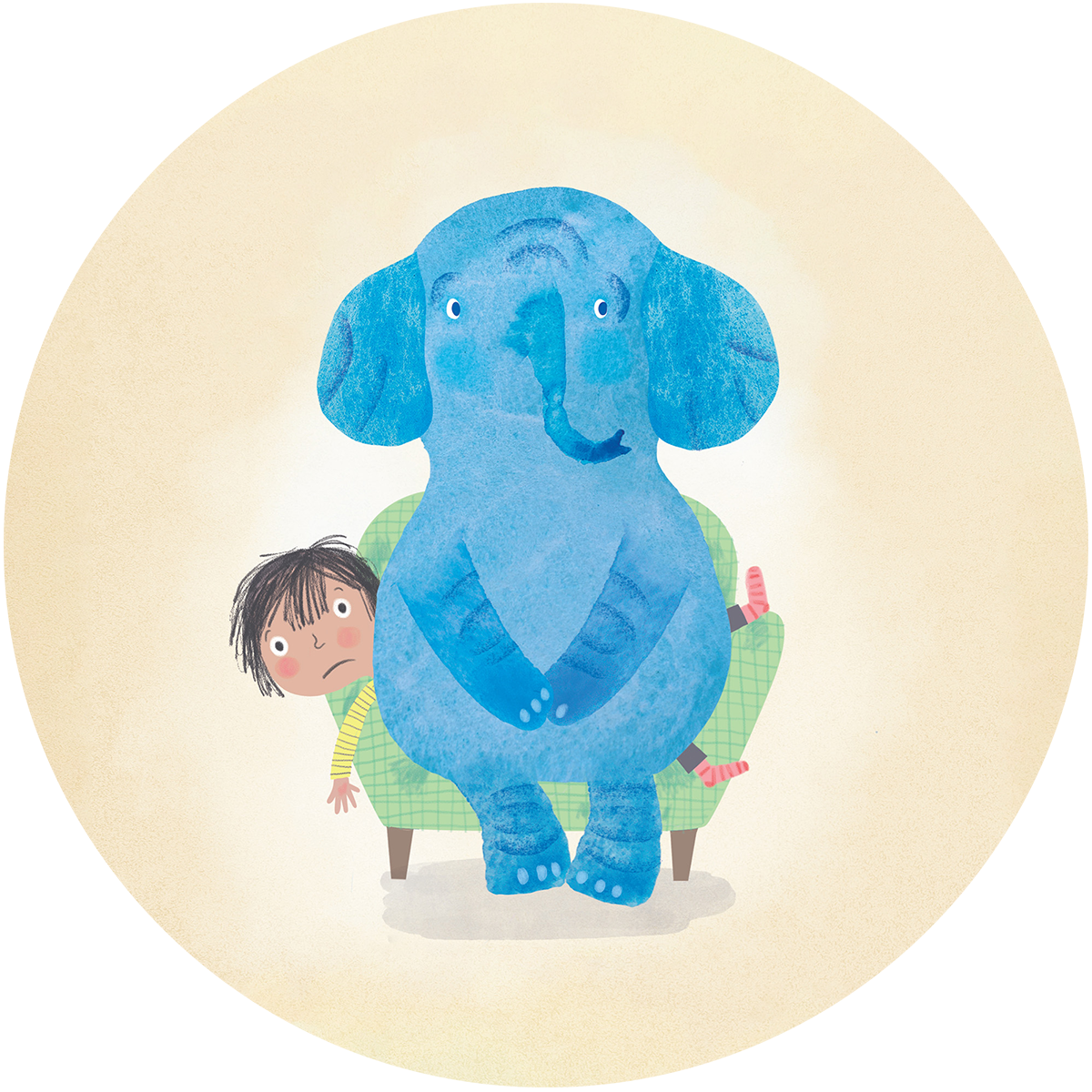 A big blue elephant with a polite expression sits on a small green armchair. They are sitting on top of a small child whose head pokes from behind their shoulder. The child has black hair, a yellow shirt, and looks stressed