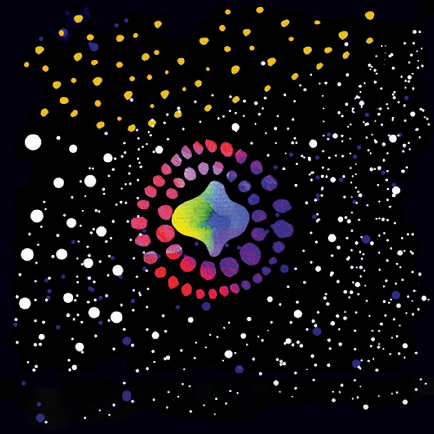 Psychedelic galaxy on a black background, made of a big rainbow blob surrounded by two rings of smaller blobs. Scattered blue, yellow and white stars made of dots in the background.