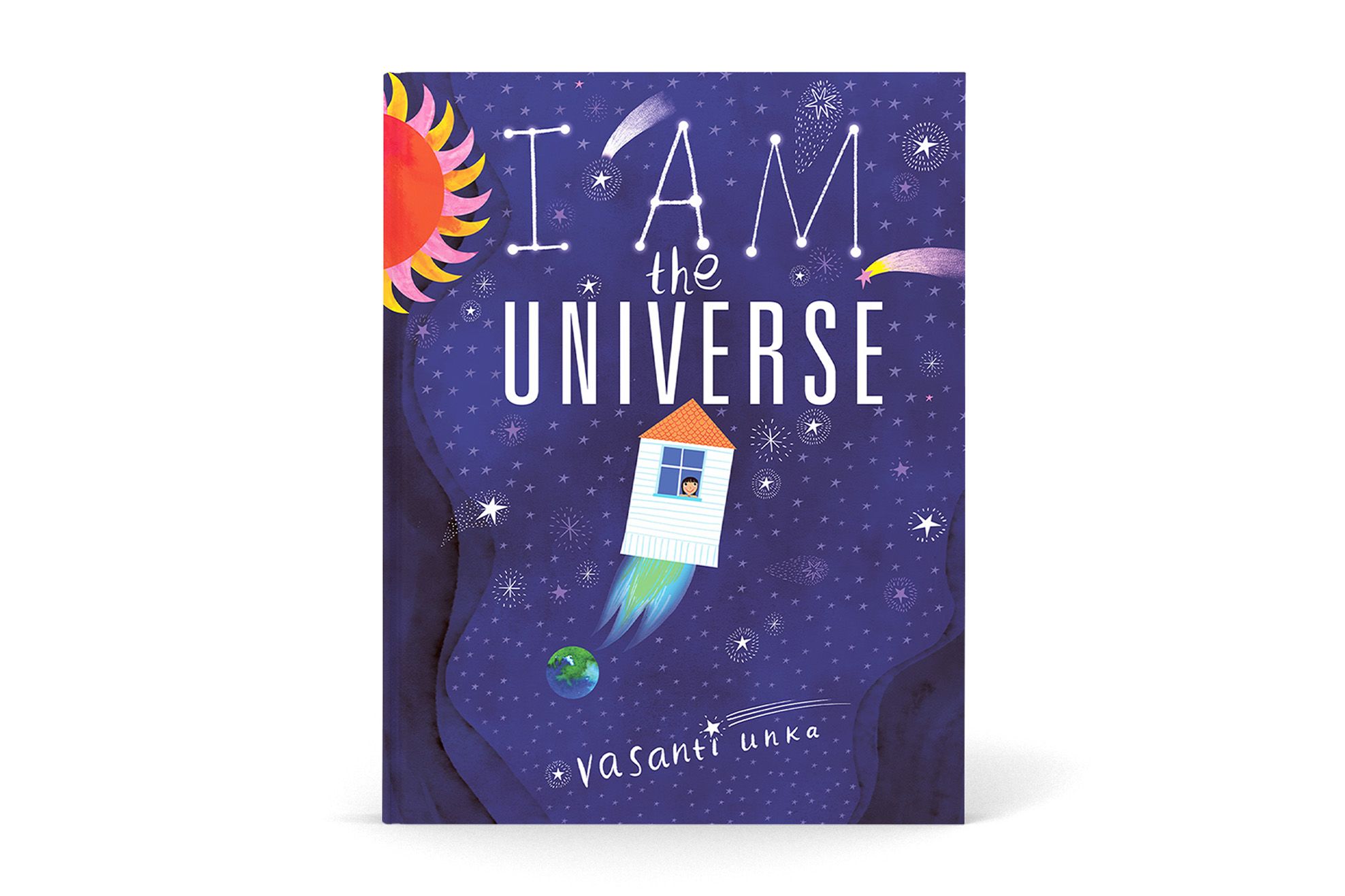 Dark purple-blue sky with shooting stars, a red, pink and yellow sun, and a house that is also a rocketship. The Earth is a mottled marble in the background. 'I am the Universe' title sketched out in the constellations