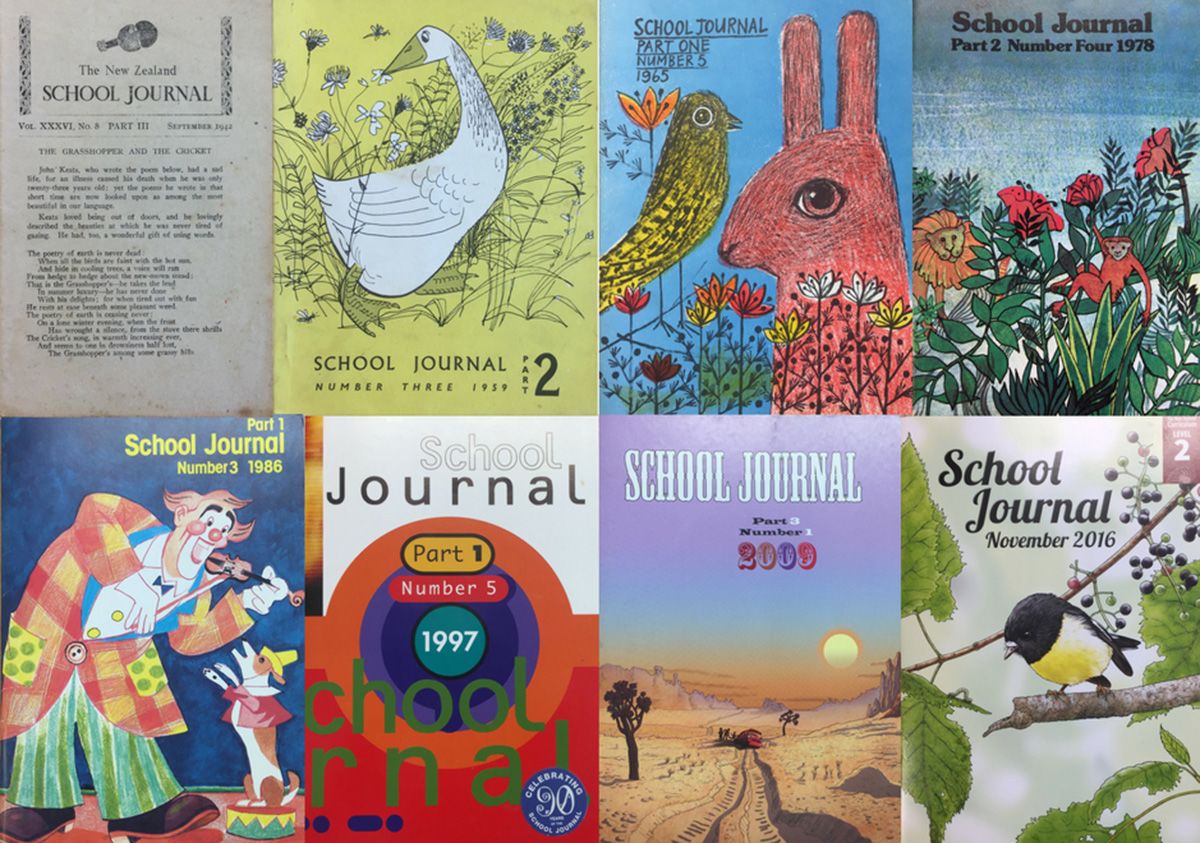 Eight school journal covers with different styles of illustration