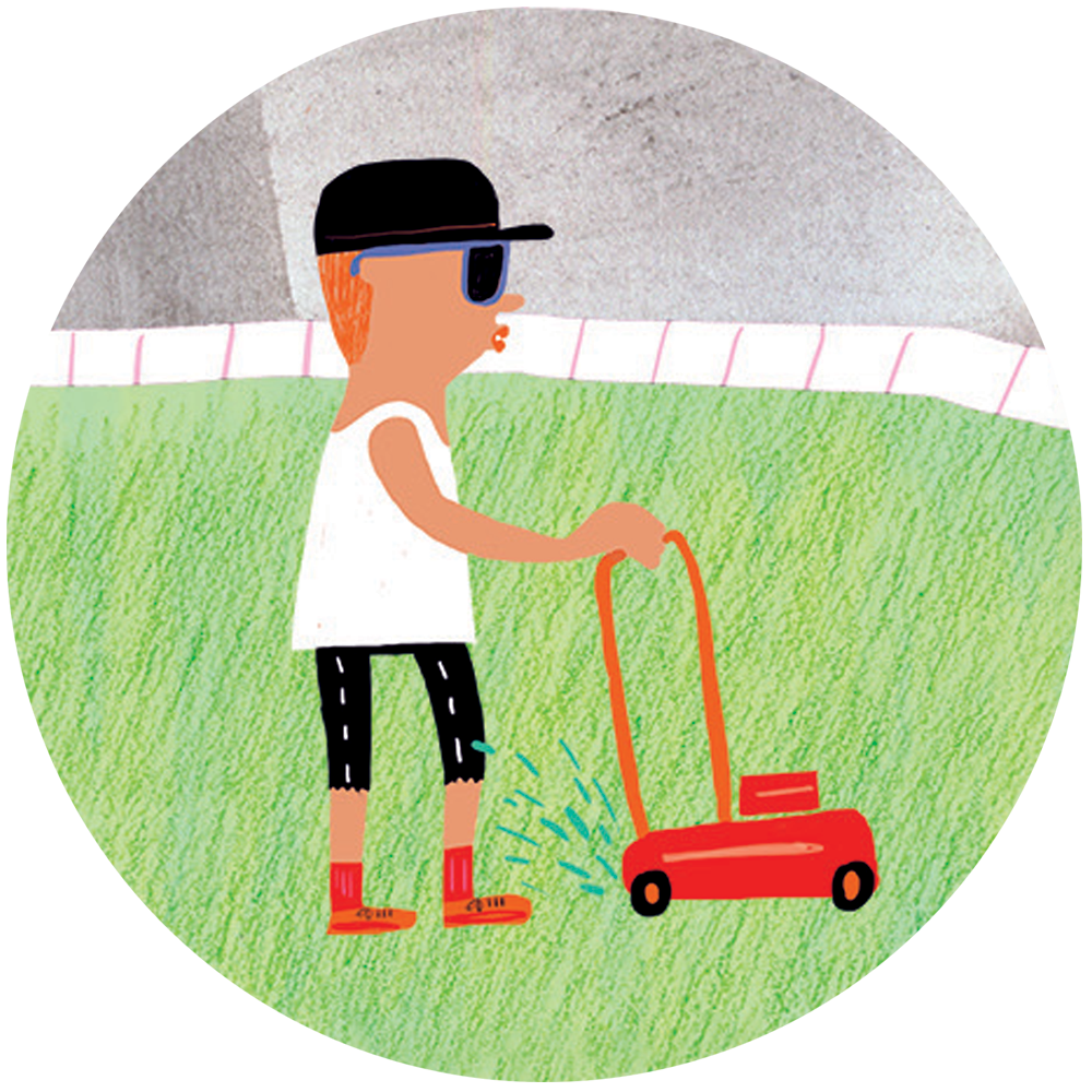 Close-up of a woman mowing the grass. The lawnmower is red and spits grass clippings on the woman's red shoes. She is wearing a black cap and sunglasses, and is whistling.